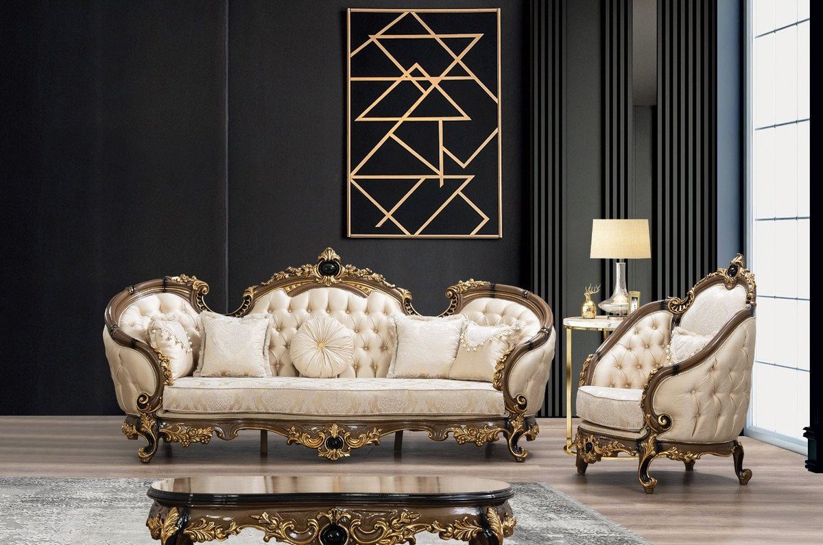 Prunkvoll Sessel - Casa Luxus / Wohnzimmer / Hotel - Braun / mit Gold Schwarz Barock & - & Wohnzimmer Muster Gold Padrino Edel elegantem Möbel Sessel Barock Sessel Prunkvoller