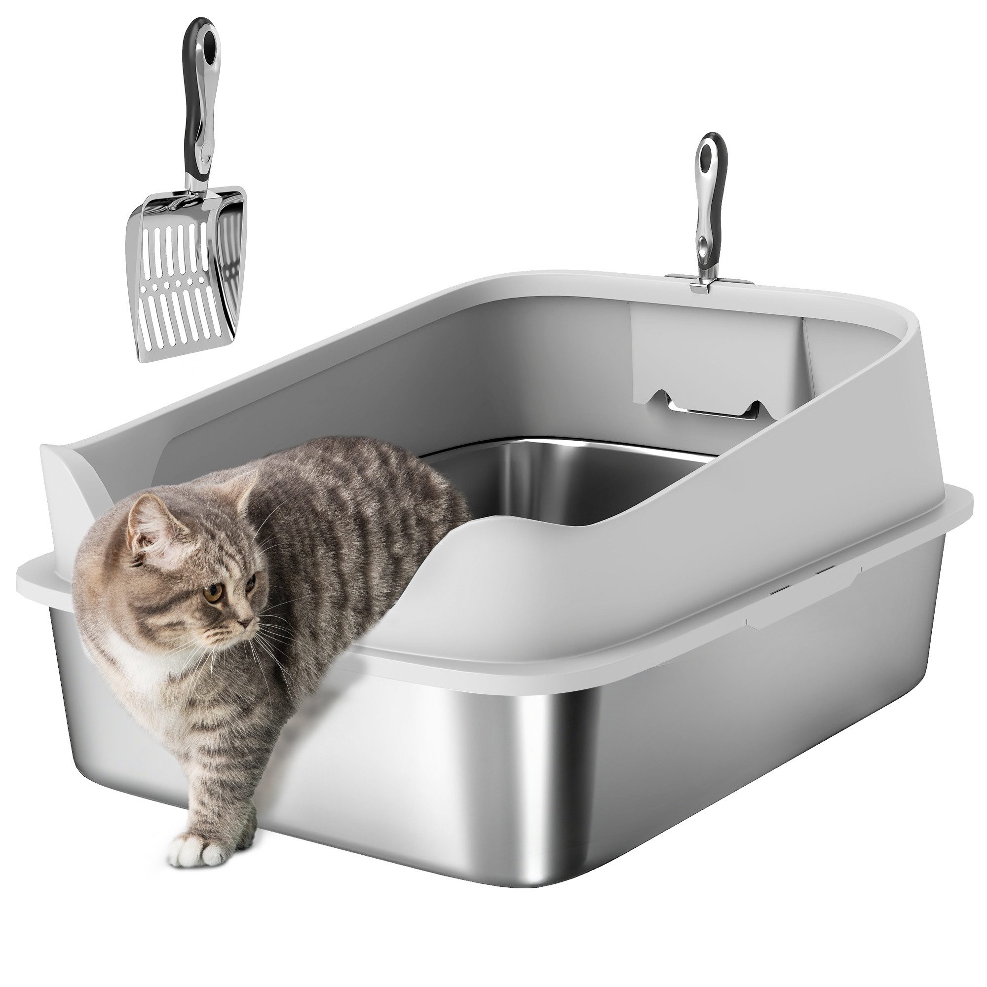 PawHut Katzentoilette Offene Katzenklo Edelstahl mit Schaufel hohem Rand, für große Katzen bis 12 kg, 69,8 x 50,3 x 29,8 cm, Grau