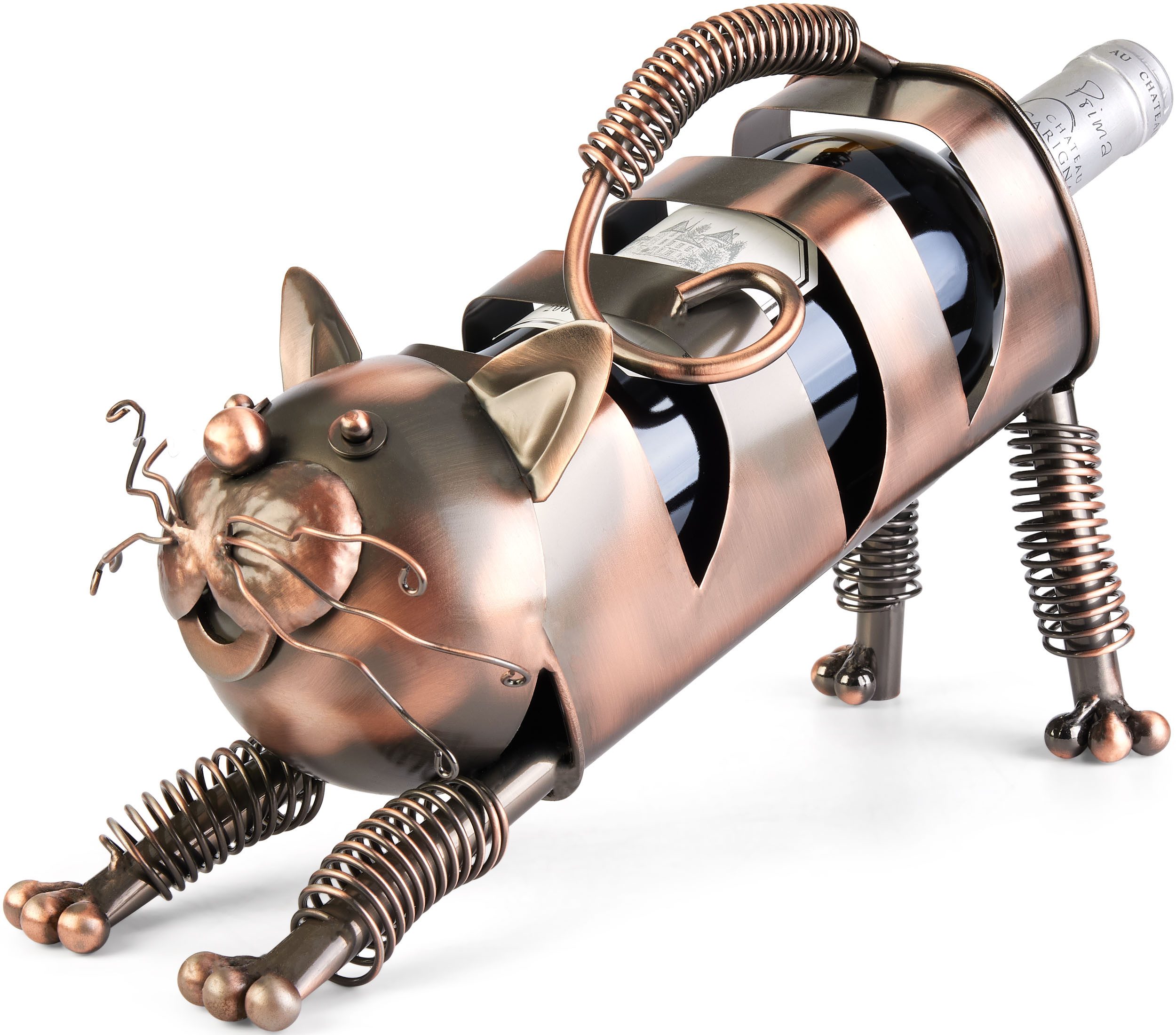 BRUBAKER Weinflaschenhalter Katze - Flaschenhalter aus Metall - Deko Geschenk für Katzenbesitzer, (Weinflaschenhalter, 1-St., Metallfigur), Weingeschenk Flaschenständer mit Geschenkkarte - Farbe: Kupfer