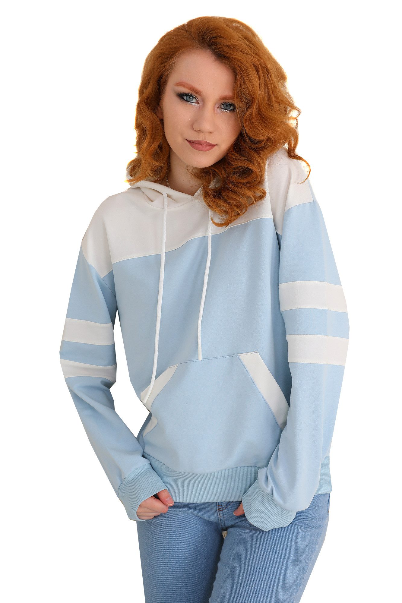 Kapuzensweatshirt Longsleeve zweifarbig Farbblock mit Streifen