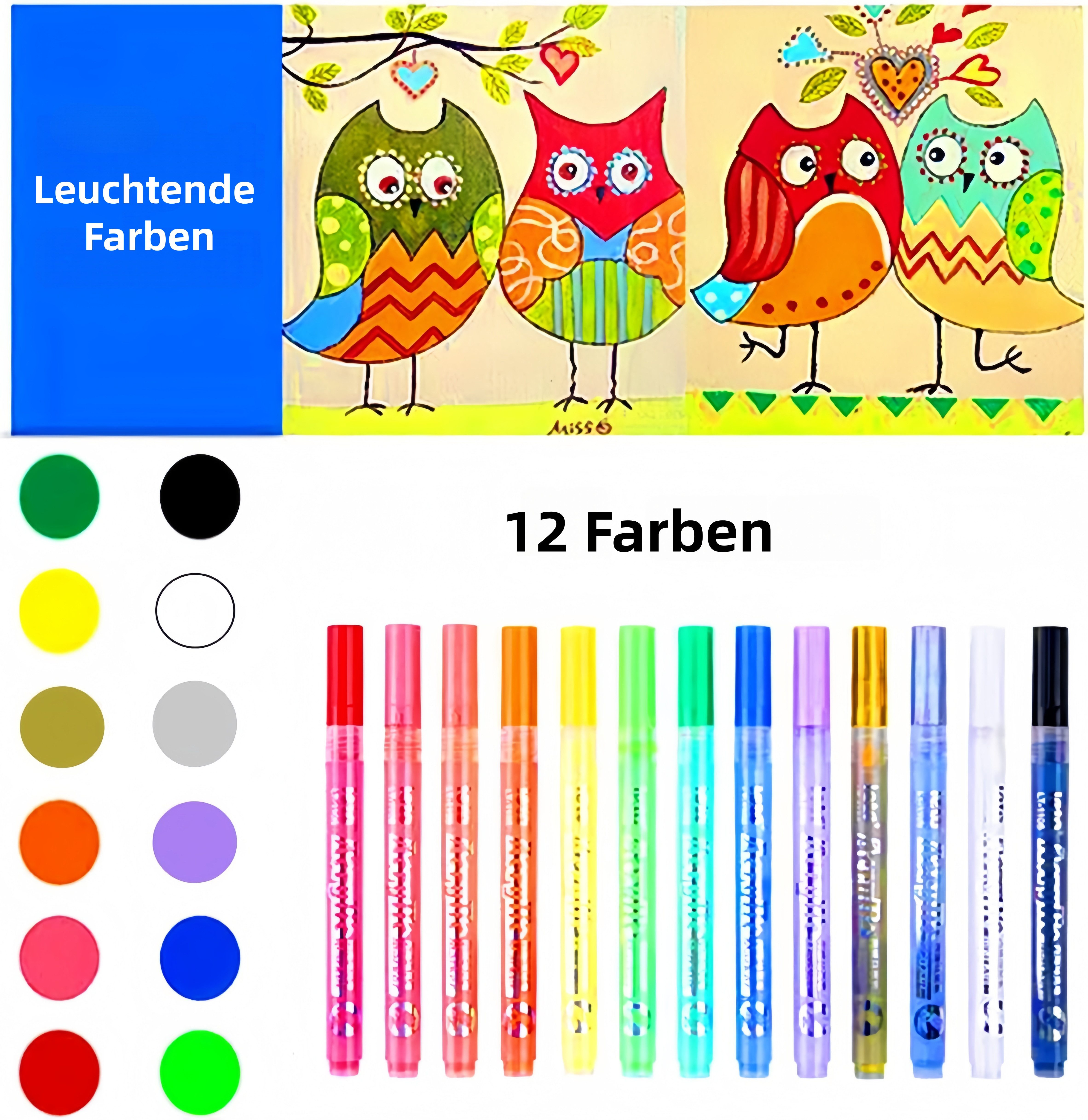 FOUORTUNATE-BEE Lackmarker 12er Set wasserfeste Acrylstifte für Steine, Glas & Papier, (12-tlg), Ideal für Kinder DIY, Oster- und Weihnachtsbastelprojekte