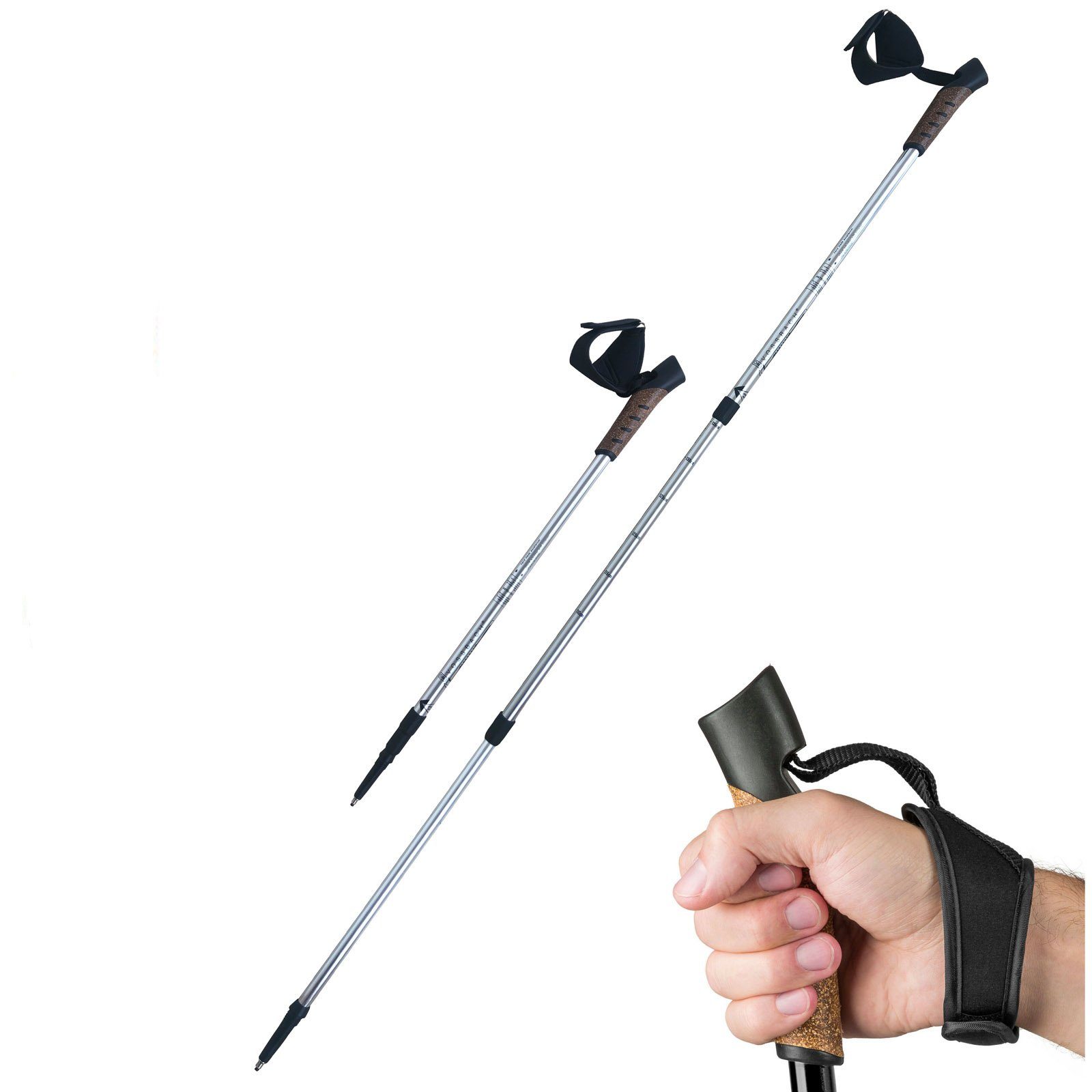 VOSSBACH Wanderstöcke Nordic Walking (1x Paar, Inkl. 12 Untergrund Aufsätze), Anti-Schock Federung