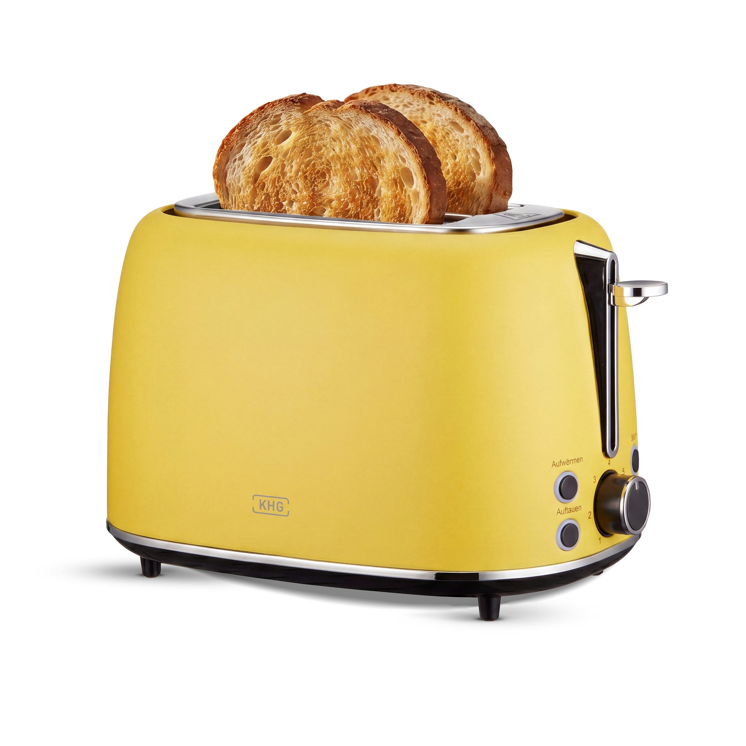 KHG Toaster Edelstahl Gelb, 930 W, 2 Scheiben-Toaster mit Brötchenaufsatz, 2 kurze Schlitze, für 2 Scheiben, 930 W, Auftau- und Aufwärmfunktion, Abschaltautomatik, Krümelschublade