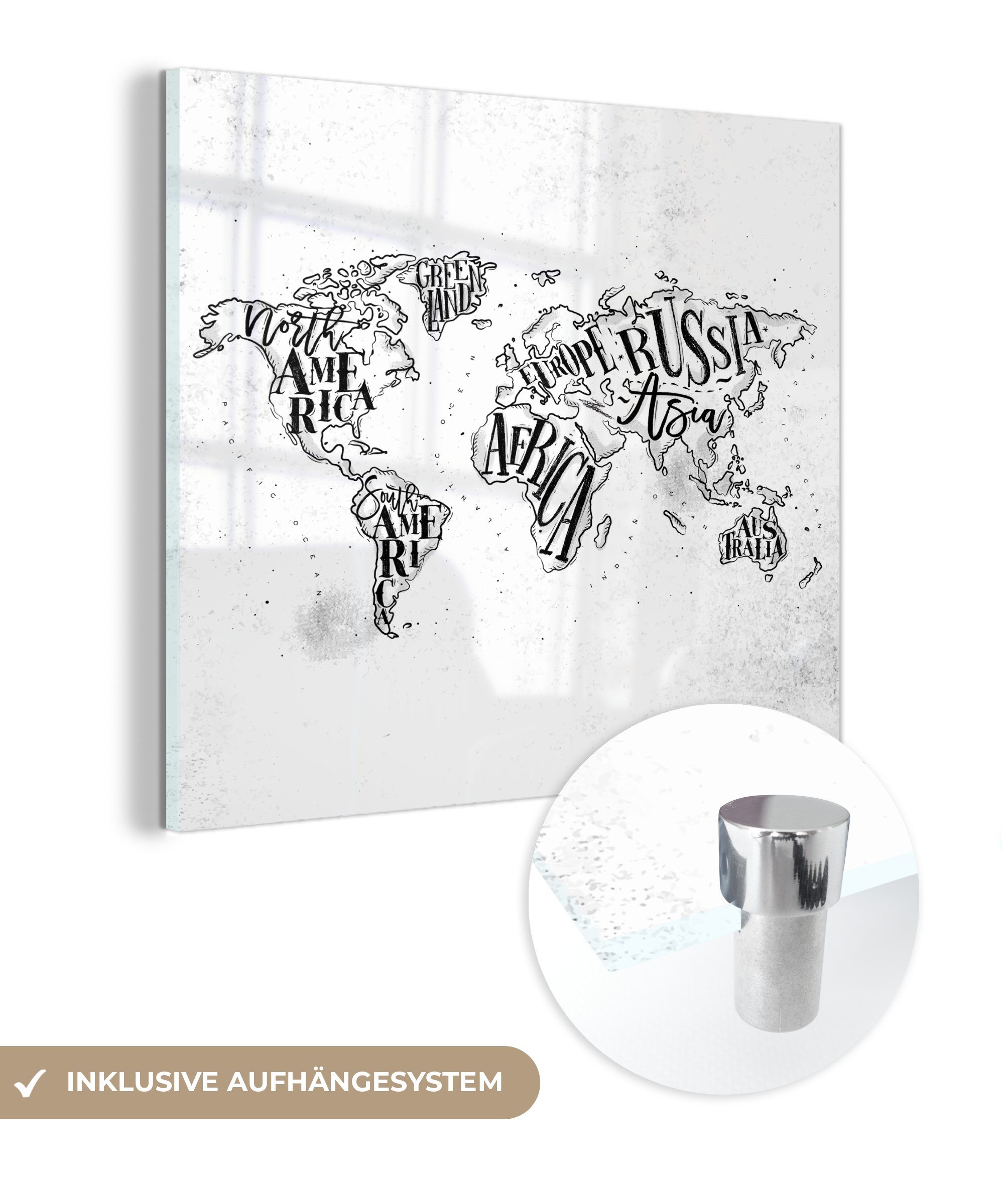Schwarz - Foto Wanddekoration (1 auf Buchstaben, - auf St), Weiß Weltkarte - - Glas Glas - - MuchoWow Wandbild Glasbilder Acrylglasbild Bilder