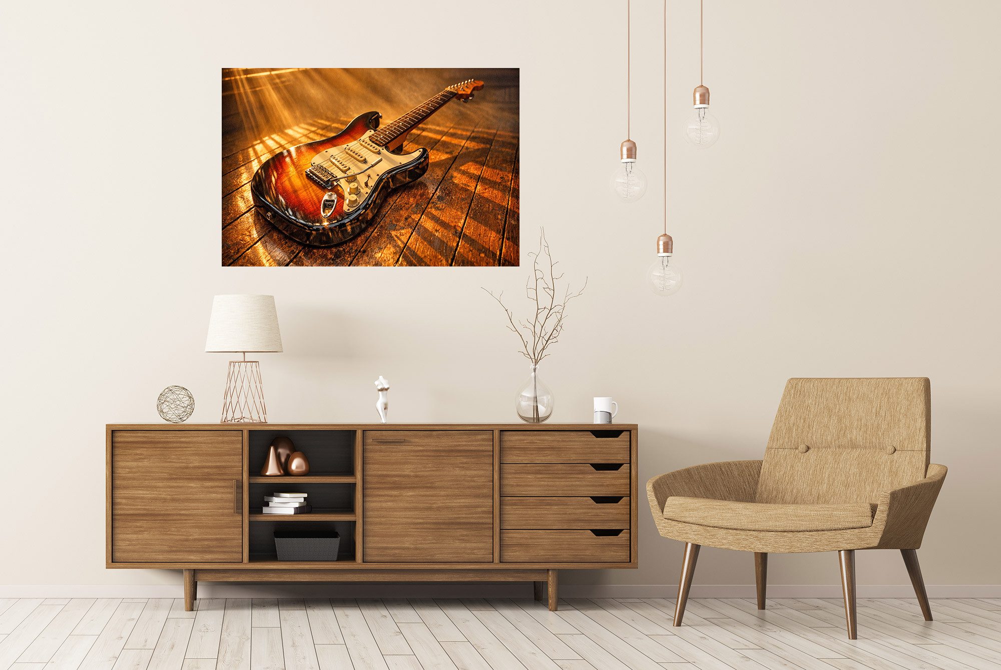islandburner Poster Elektrische Gitarre auf Holzuntergrund mit dramatischer Beleuchtung