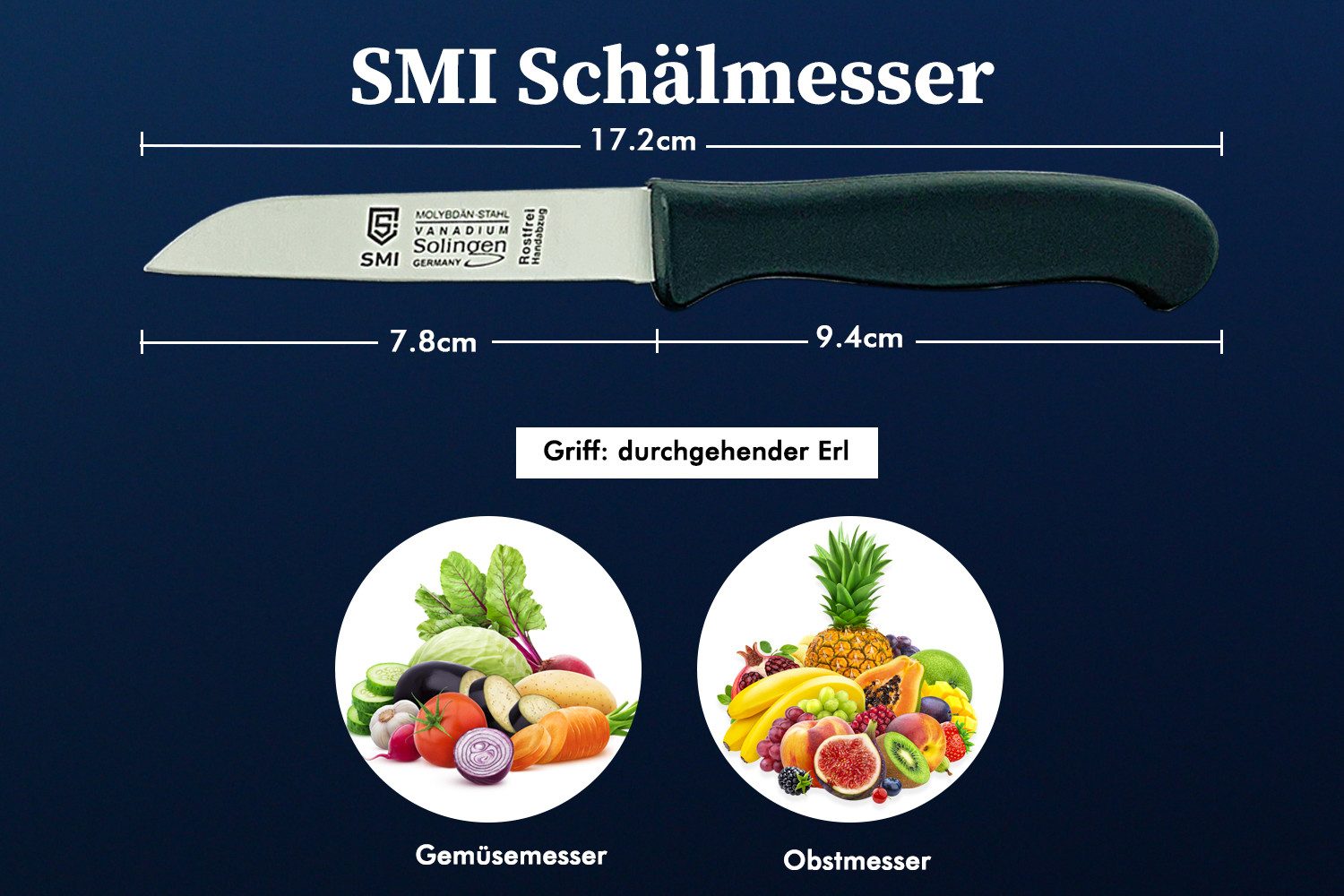 SMI Schälmesser Küchenmesser Obstmesser Solingen Gemüsemesser gerade 2 Stück, schwarz