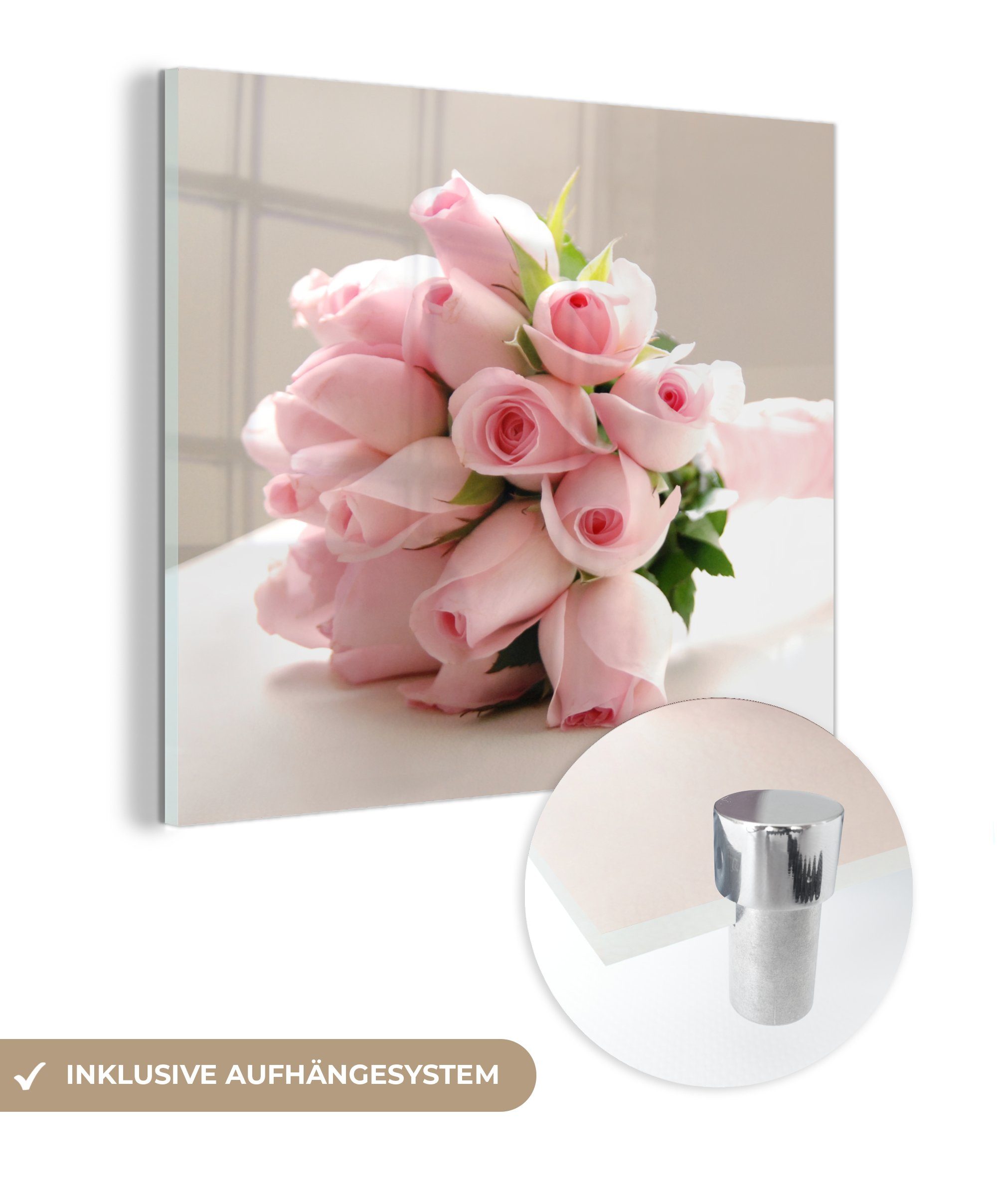 MuchoWow Acrylglasbild Ein Blumenstrauß aus rosa Rosen auf einem weißen Tisch, (1 St), Glasbilder - Bilder auf Glas Wandbild - Foto auf Glas - Wanddekoration