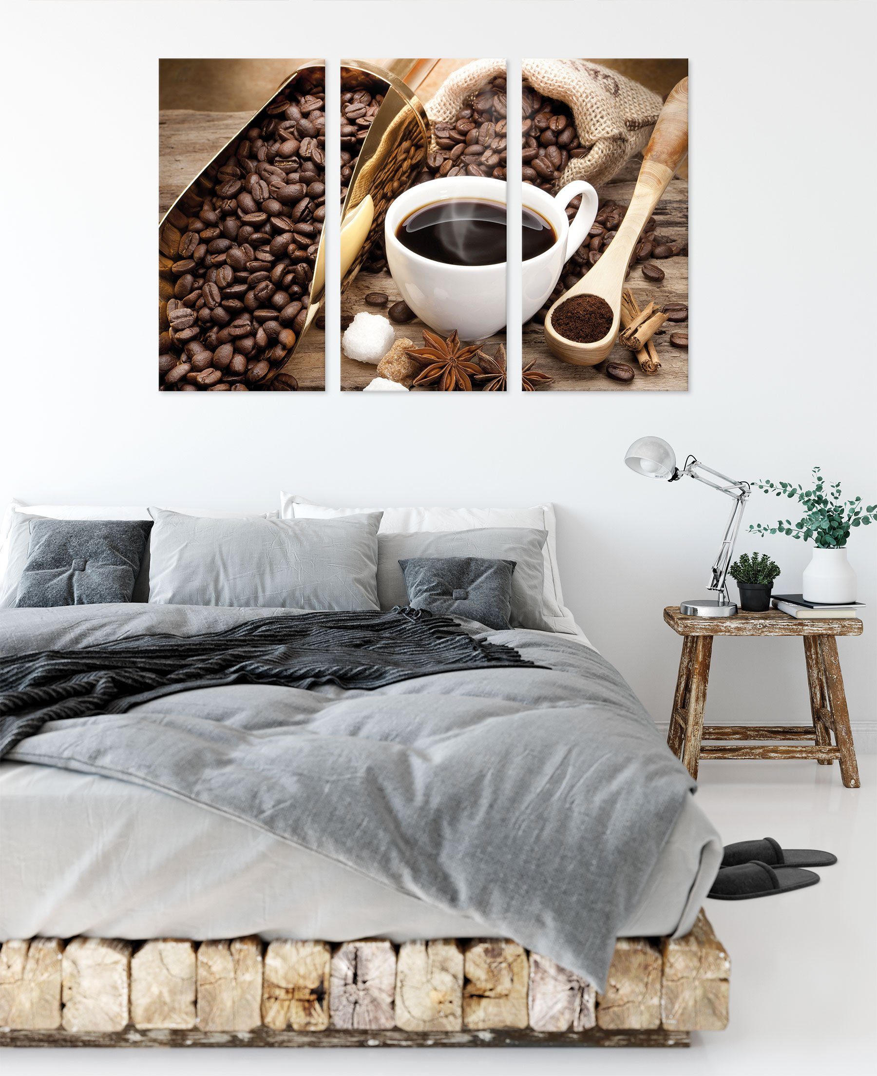 (120x80cm) und (1 und Leinwandbild bespannt, 3Teiler fertig St), Kaffeebohnen, Leinwandbild Kaffeebohnen inkl. Zackenaufhänger Edler Kaffee Kaffee Pixxprint Edler