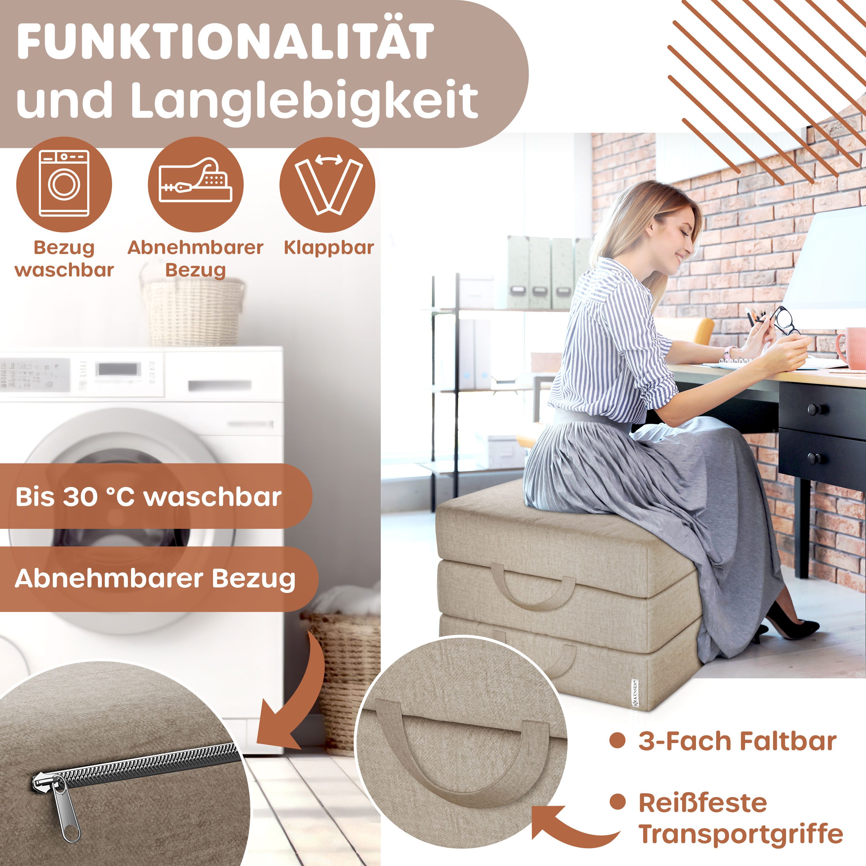 Klappmatratze 15cm hoch Gästematratze 3-fach faltbar zum Sitzhocker, KESSER, (bis zu 30 °C waschbarer abnehmbarer Bezug, Schaumstoff 25kg/m), Faltmatratze Inkl. Wasserabweisende Tragetasche