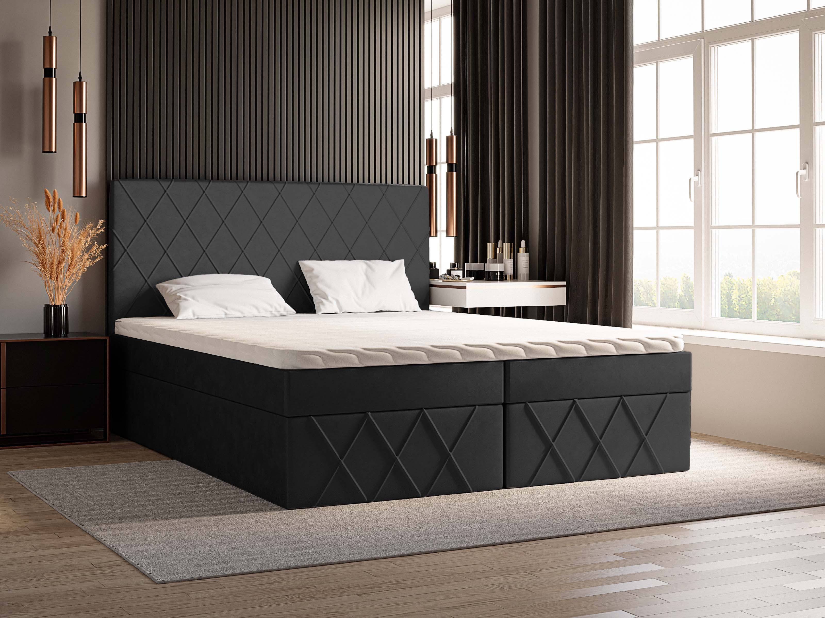 Goldstoff Boxspringbett MOLLY (Stauraumbett, Doppelbett, Polsterbett mit Kopfteil - 120x200, 140x200, 160x200 & 180x200 cm, mit Federkern Matratze und Topper), inkl. zwei Bettkästen - Stauraum & Topper – Modern & Komfortabel
