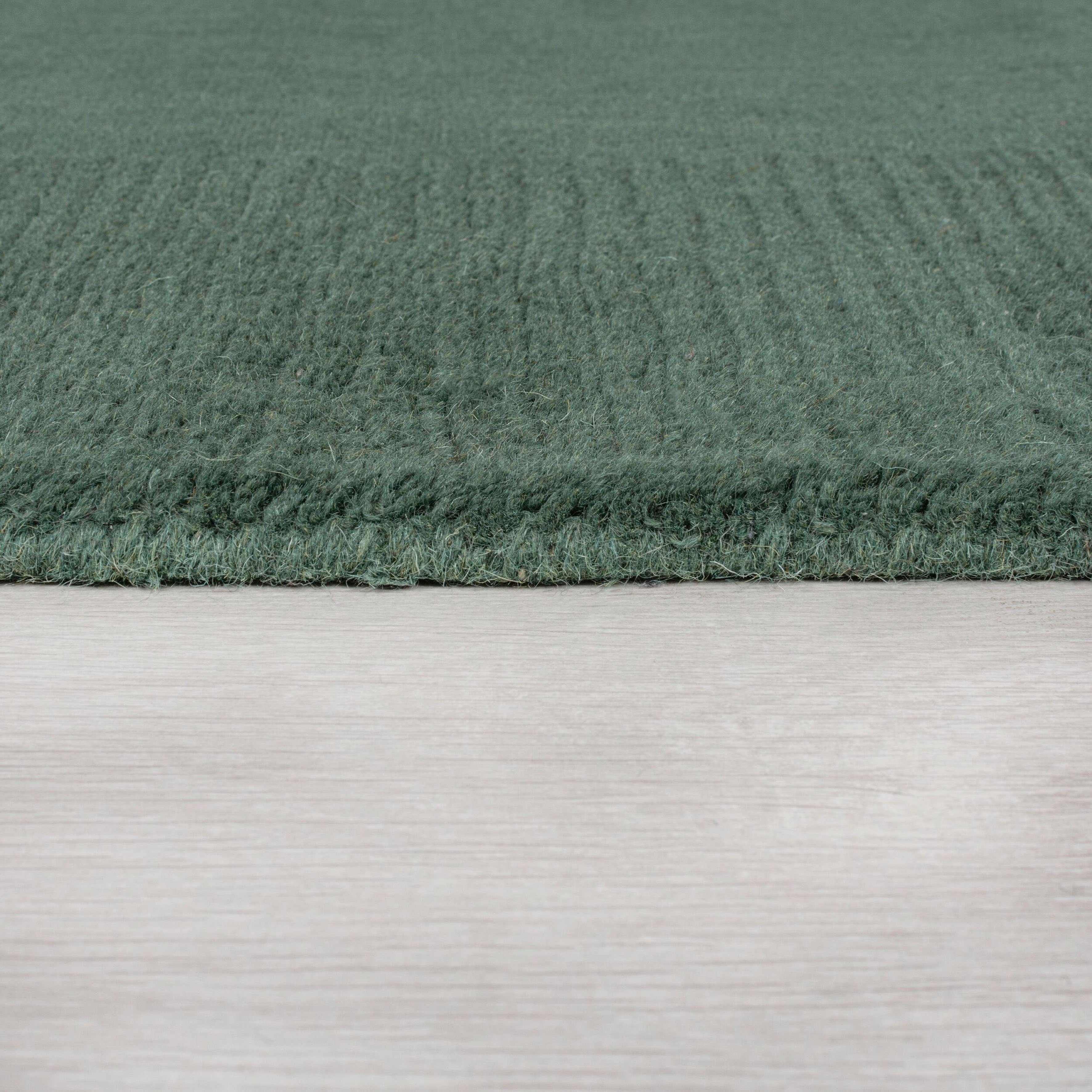 grün Siena, mit Wollteppich FLAIR idealer Wohnzimmer, uni, RUGS, Schlafzimmer rechteckig, Höhe: Teppich Bordüre, 10 mm, für