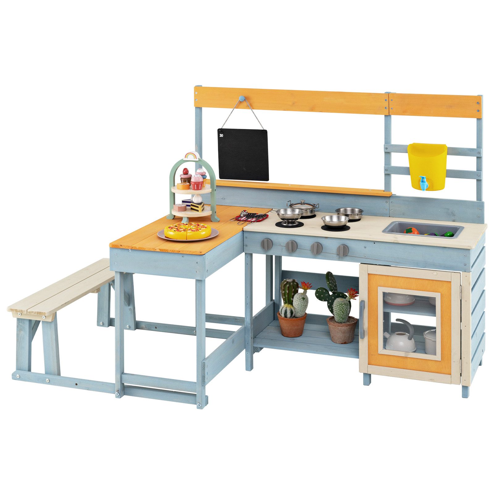 KOMFOTTEU Outdoor-Spielküche, 2-in-1 Spielküche & Essbereich mit Stauraum, Zubehör