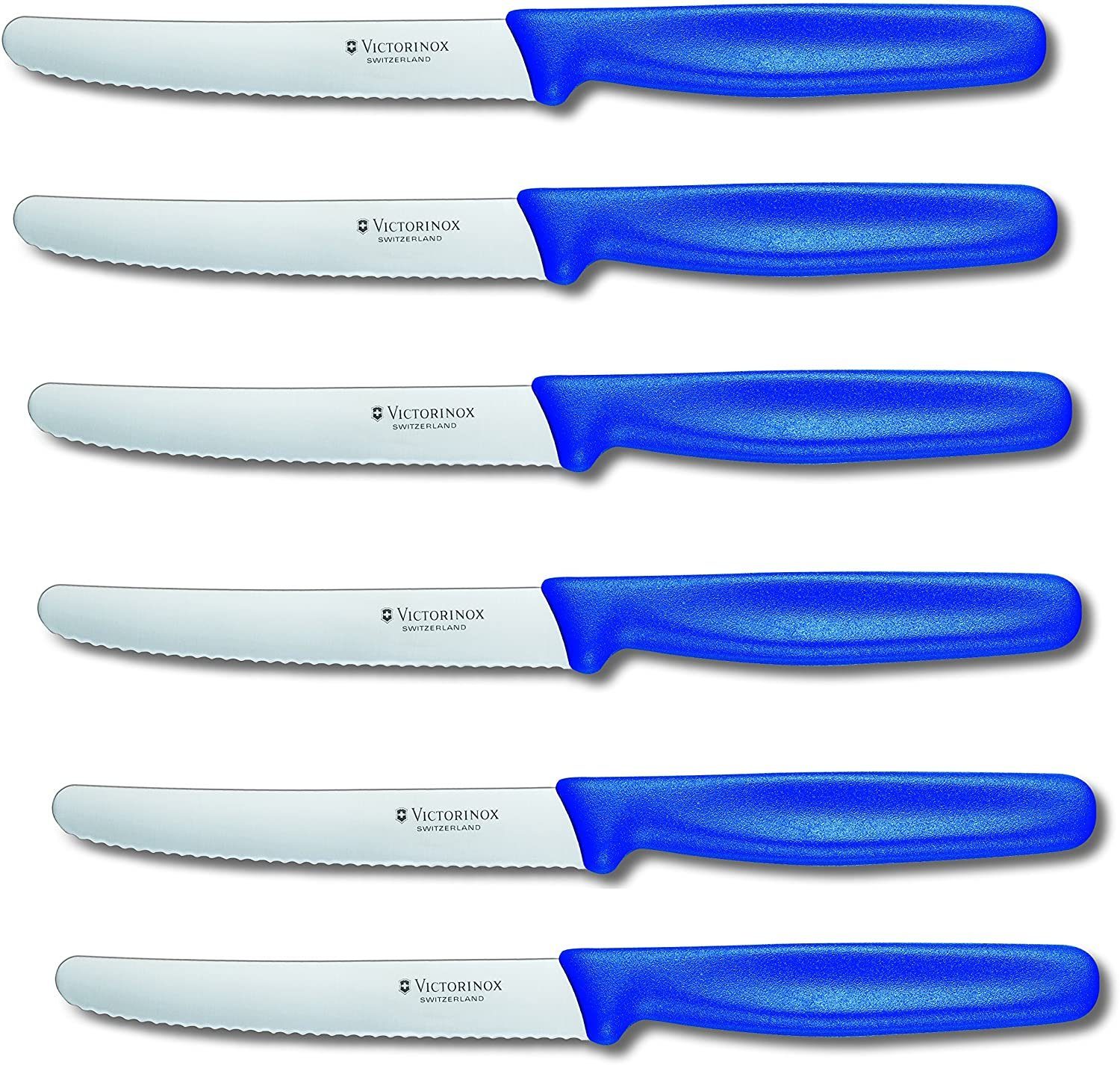 Victorinox Tafelmesser 6 Stück Tafelmesser 11 cm aus Edelstahl für Brotzeit Klassisches Design, blaue Griffe