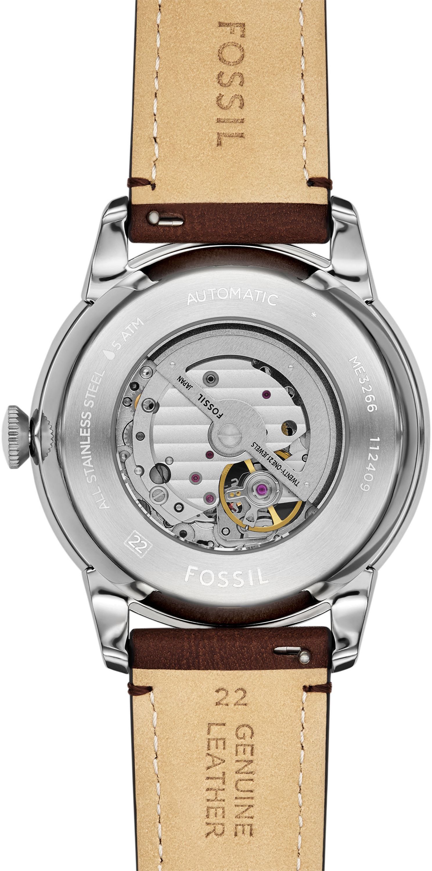 Fossil Automatikuhr Townsman ME3266, Armbanduhr, Herrenuhr, Mechanische Uhr, Lederarmband, analog