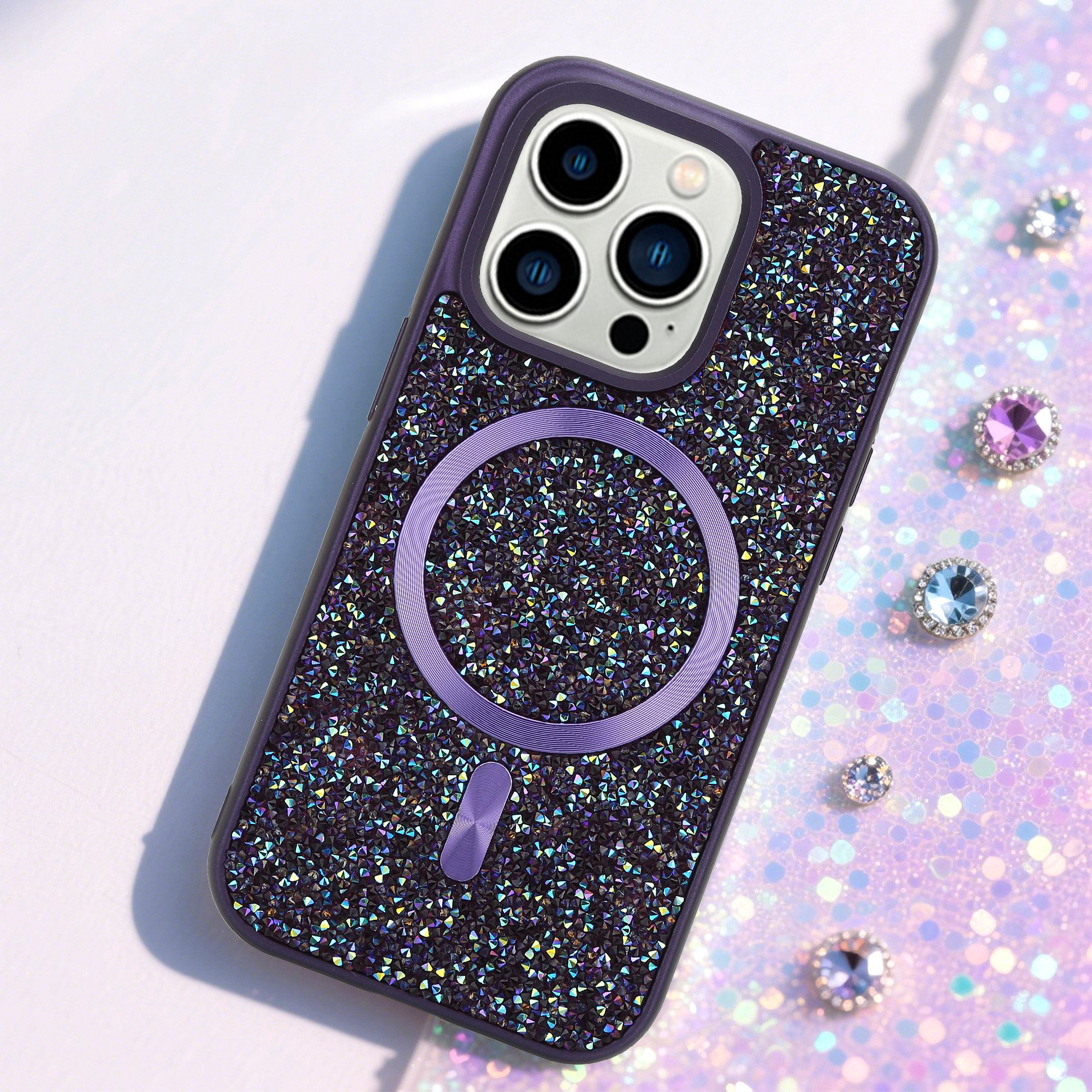 Cadorabo Handyhülle Apple iPhone 14 PRO, Hülle Schutzhülle Case Cover kompatibel mit Magsafe Diamant Glitzer
