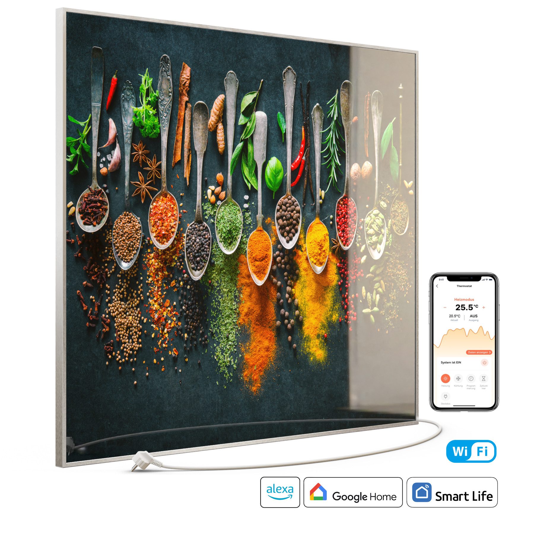 STEINFELD Heizsysteme Infrarotheizung Glas-Bild 1200W, 114x100cm, Made in Germany, 7 Jahre Garantie, mit Thermostat, Silber
