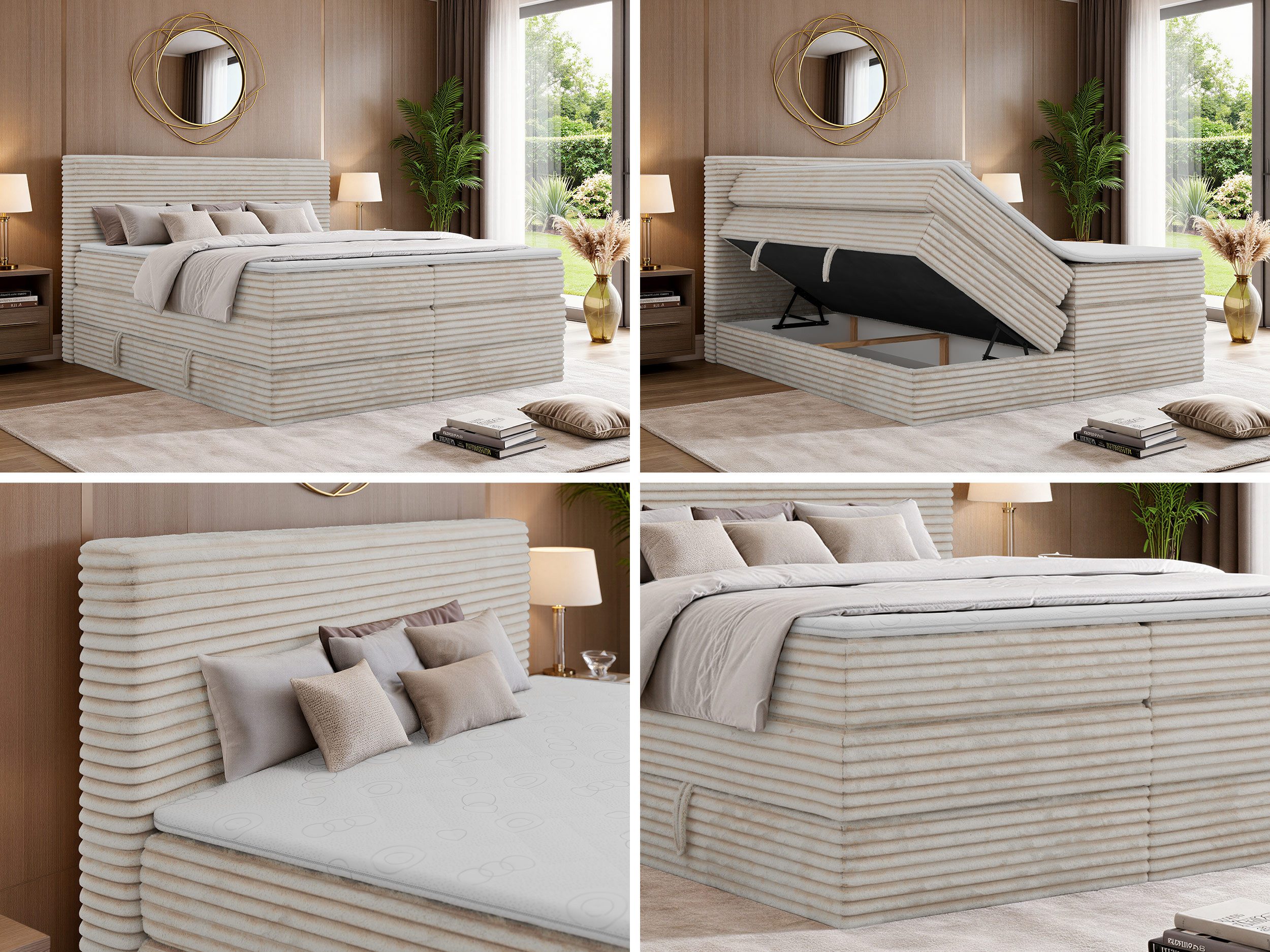 MKS MÖBEL Boxspringbett TILION KING (mit Stauraum, Set, inkl. 2 Matratzen und Topper (T25/Visco), Multipocket, Cord-Bezug, H3/H4, 140x200–200x200