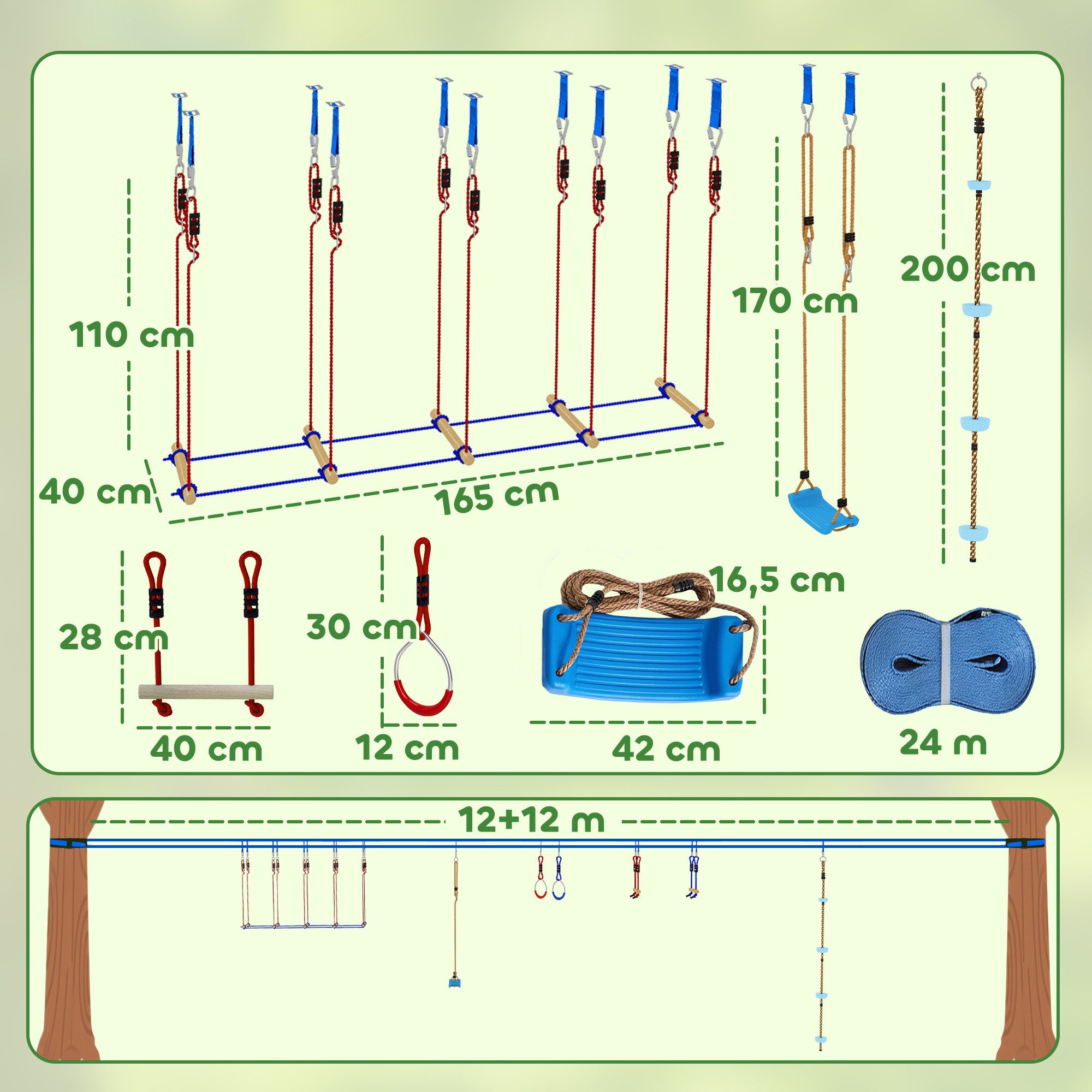 AIYAPLAY Slackline 24 m Ninja Line Kinder mit Turnringe 7 Hindernissen Kletterstange, für 3-6 Jahre Kinder Rot+Blau