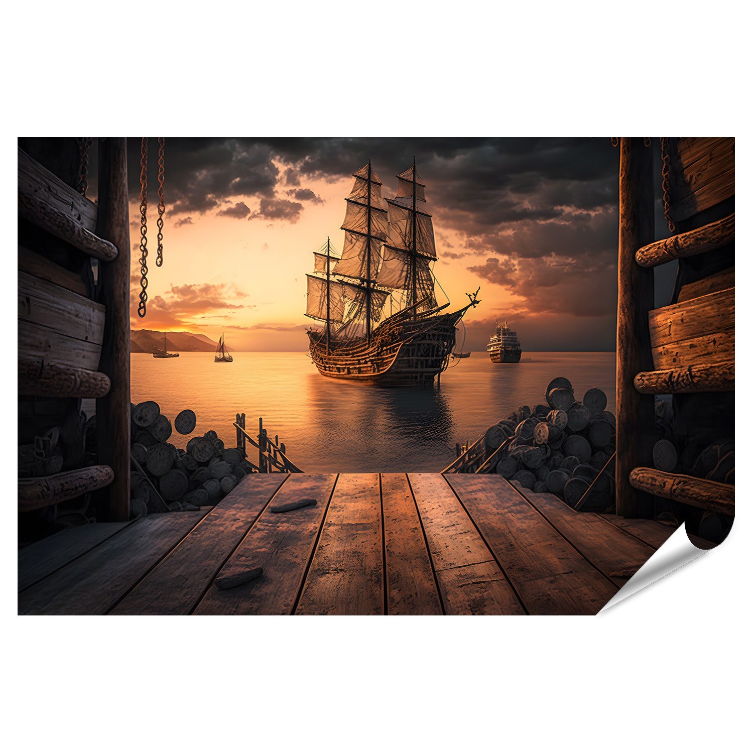 Poster Piratenschiff im Hafen mit Blick auf alte Segelschiffe Meer Bilder