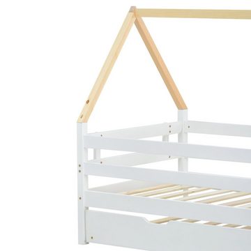 OKWISH Kinderbett Einzelbett, Kinderbett, Tagesbett, Baumhausbett (200x90cm, Schiebebett mit Rollen unten), naturfarbener Dachstuhl, Ohne Matratze