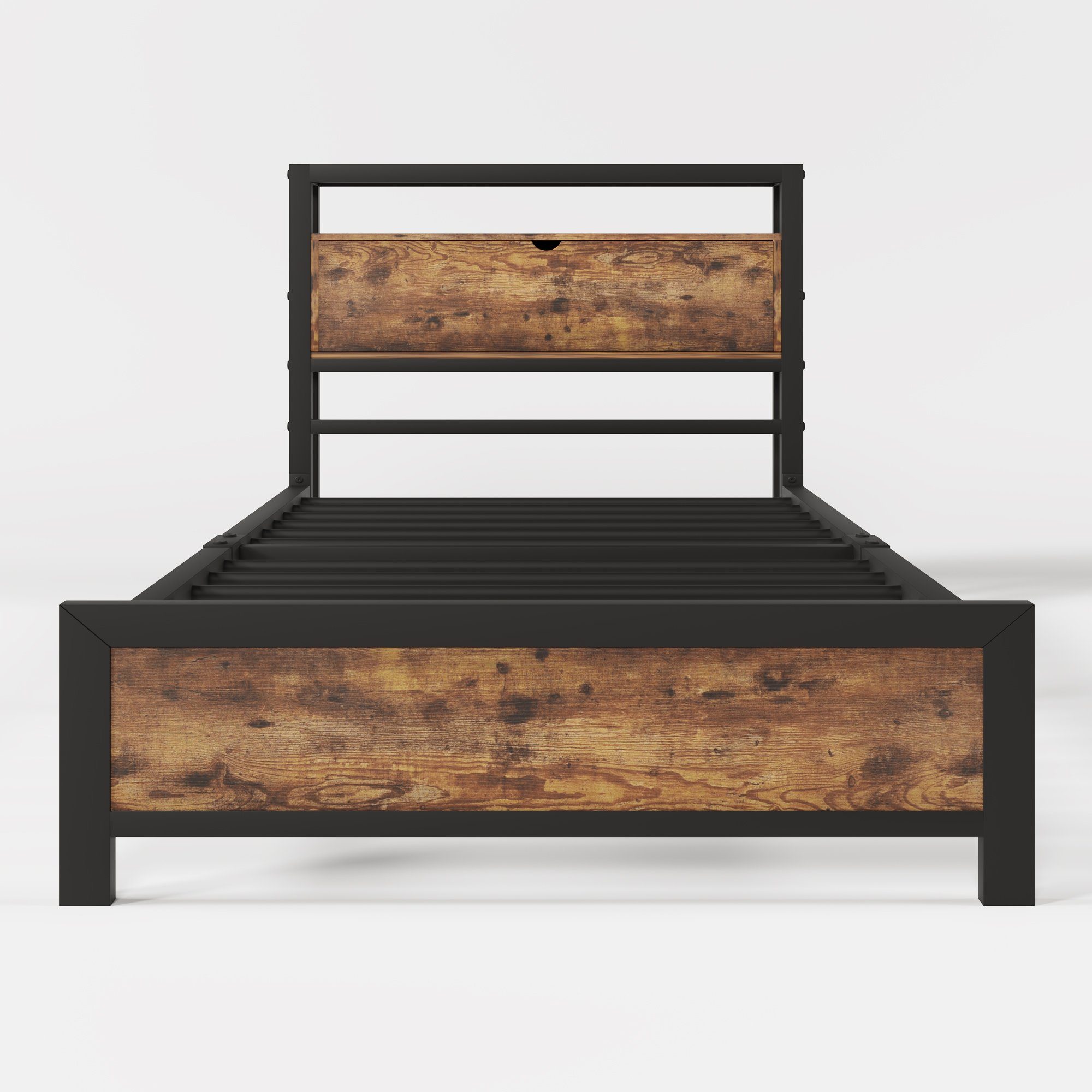 Metallbett (Jugendbett), Einzelbett 90 x 200 cm mit Stauraum-Kopfteil, Lattenrost aus Metall