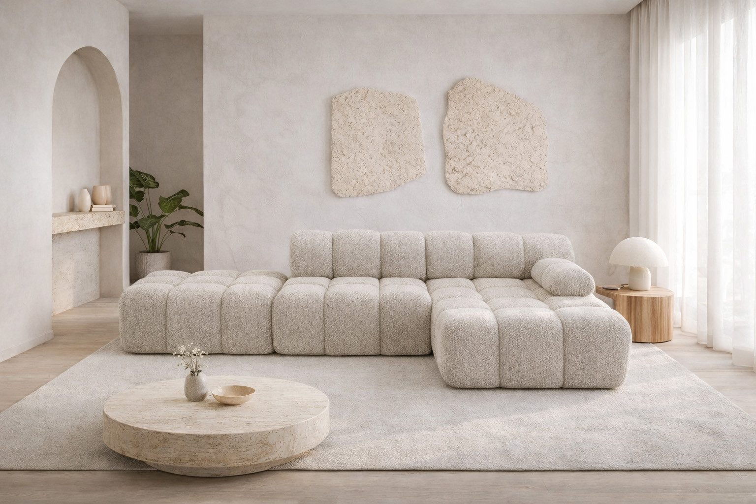 Kaiser Möbel Ecksofa modular mit Hocker, Sofa L-Form, Bouclé-Stoff Abriamo, Selia, Ecksofa mit Hocker, Modernes Design,Weiche, abgerundete Form,Hoher Sitzkomfort