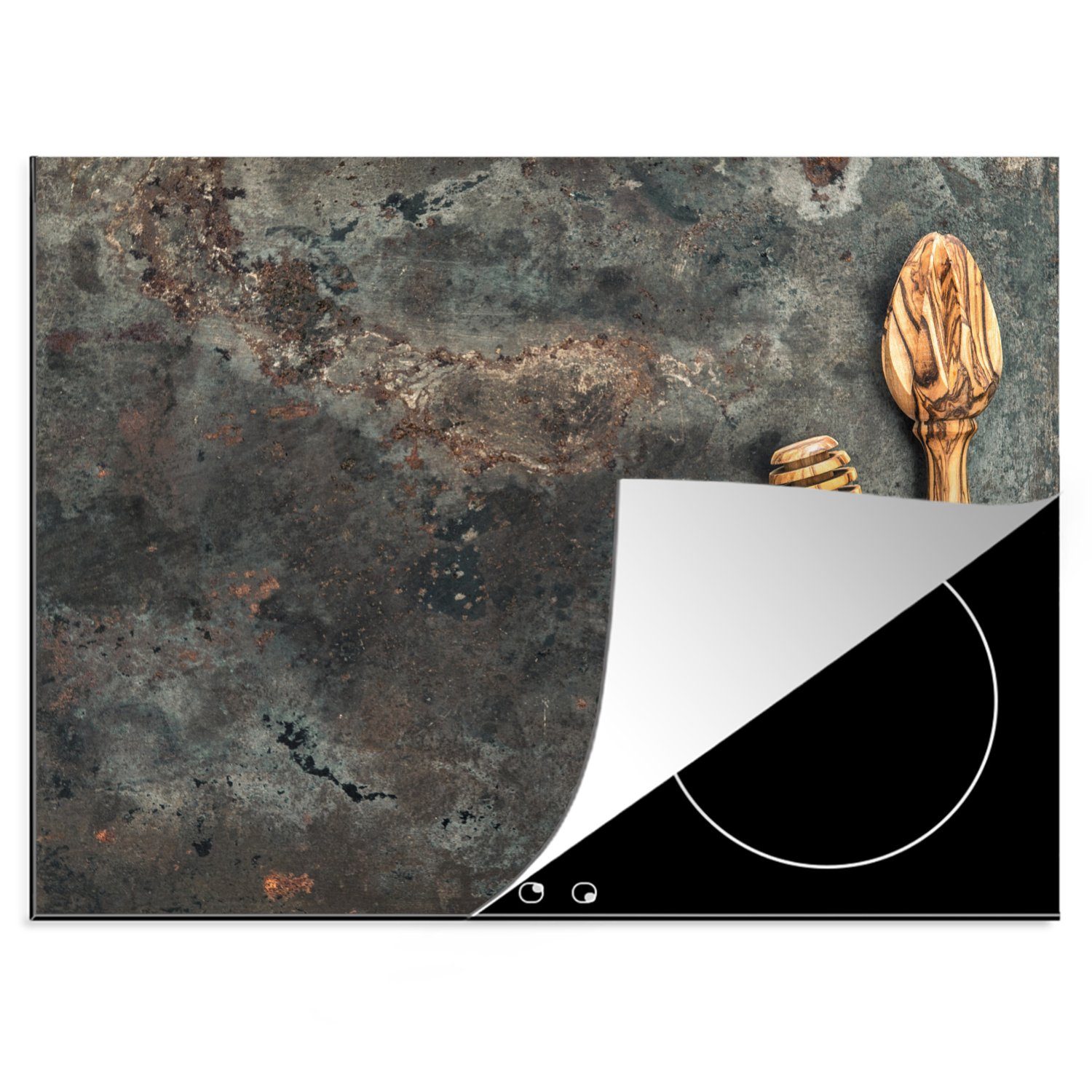 MuchoWow Herdblende-/Abdeckplatte Honiglöffel - Marmor - Induktionsmatte - Küche - Küchengeräte -, Vinyl, (1 tlg), 70x52 cm, Mobile Arbeitsfläche nutzbar, Ceranfeldabdeckung