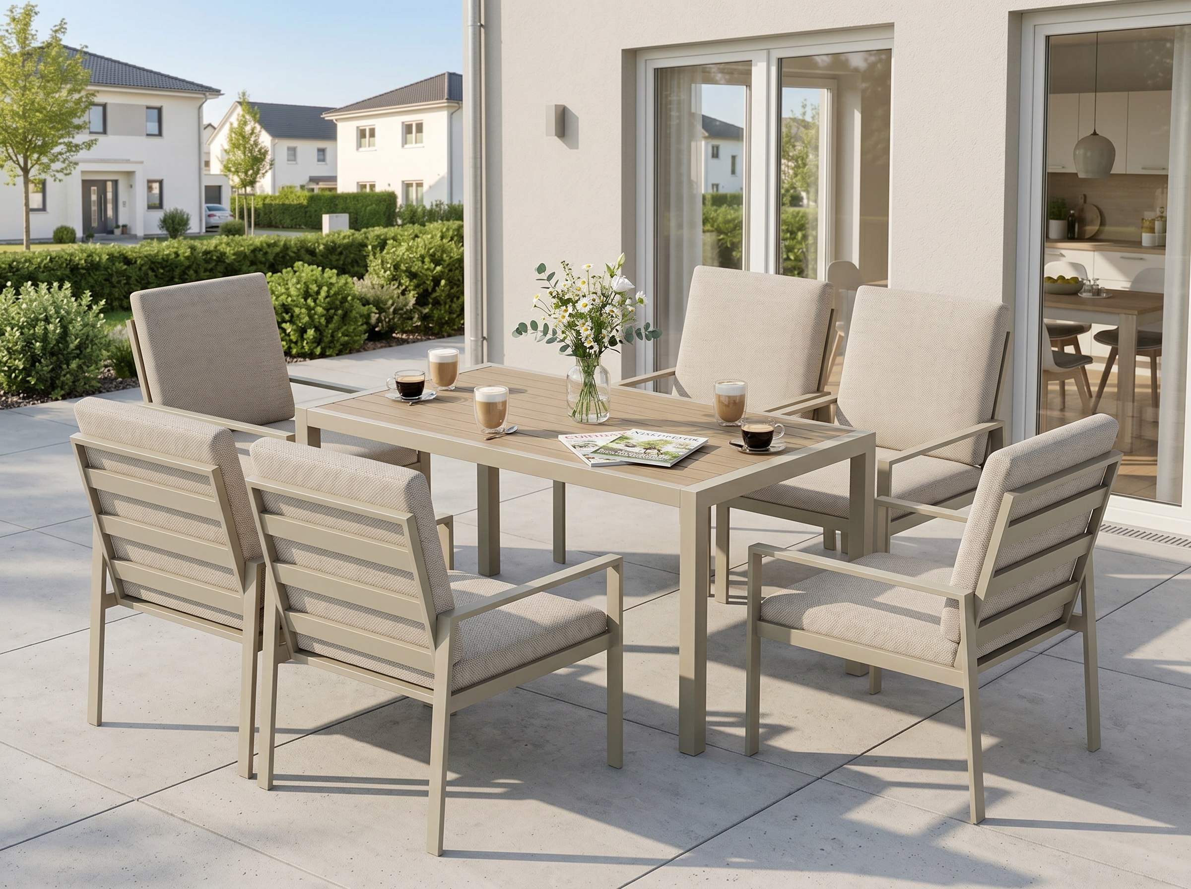 MeXo Gartenlounge-Set Gartenmöbel Set mit Esstisch, (Gartenessgruppe Set 6 Personen, Aluminium, wetterfest, hoher Sitzkomfort), mit pflegeleichte Polywood-Tischplatte, bis 140 kg belastbar
