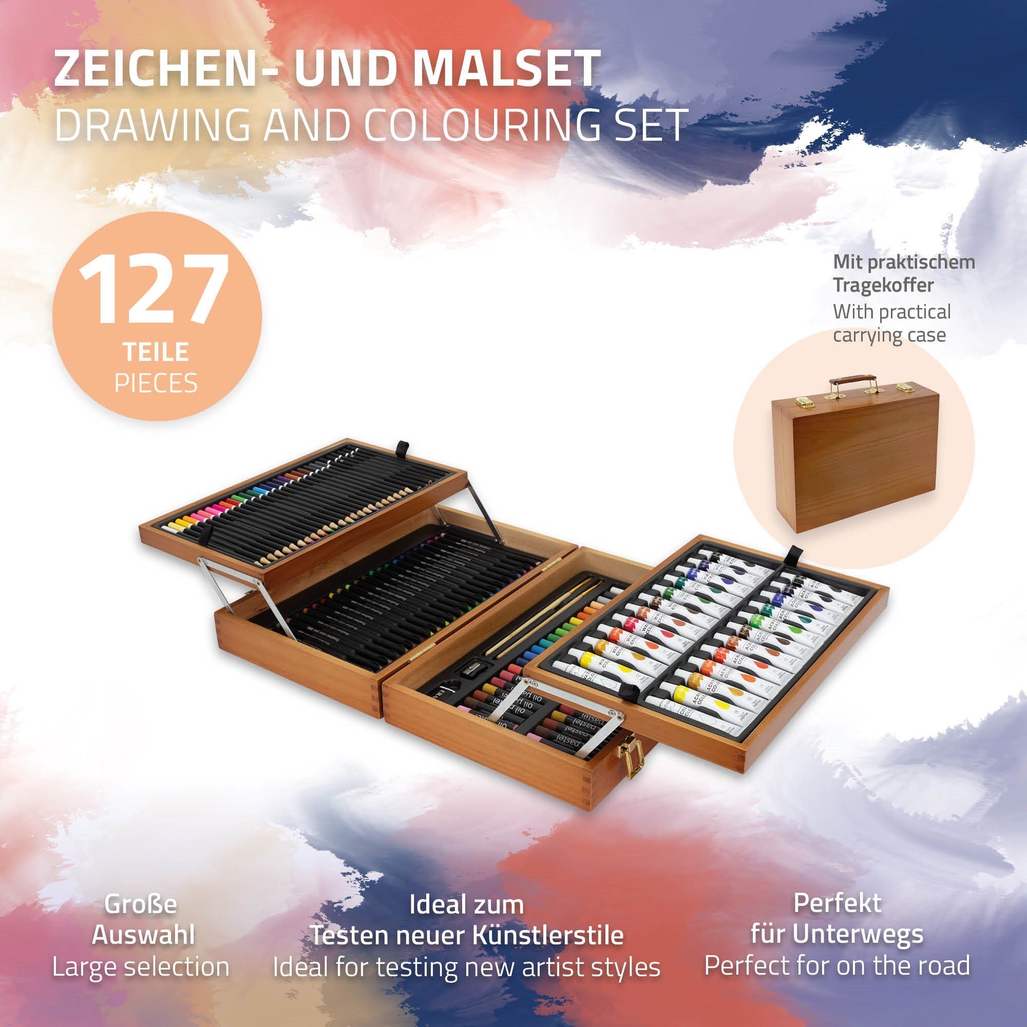 ECD Germany Künstler Malerset Farbstiften Farbtuben Zeichenset Pinselset, Holzkoffer Malkoffer 127-Teilig Set verschiedenen