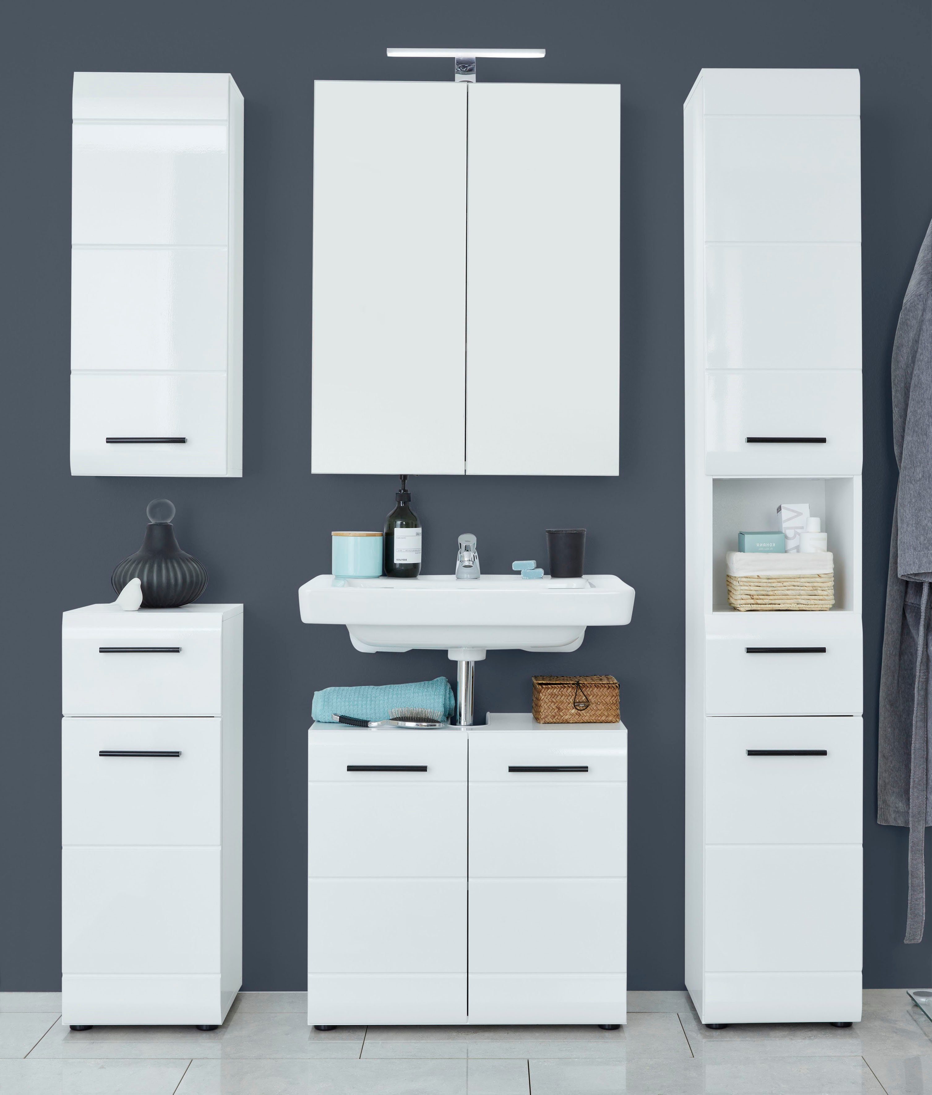 welltime Badmöbel-Set Sovana, (Set, 5-St), Badezimmermöbel mit Hochglanzfronten inklusive Aufsatzleuchte