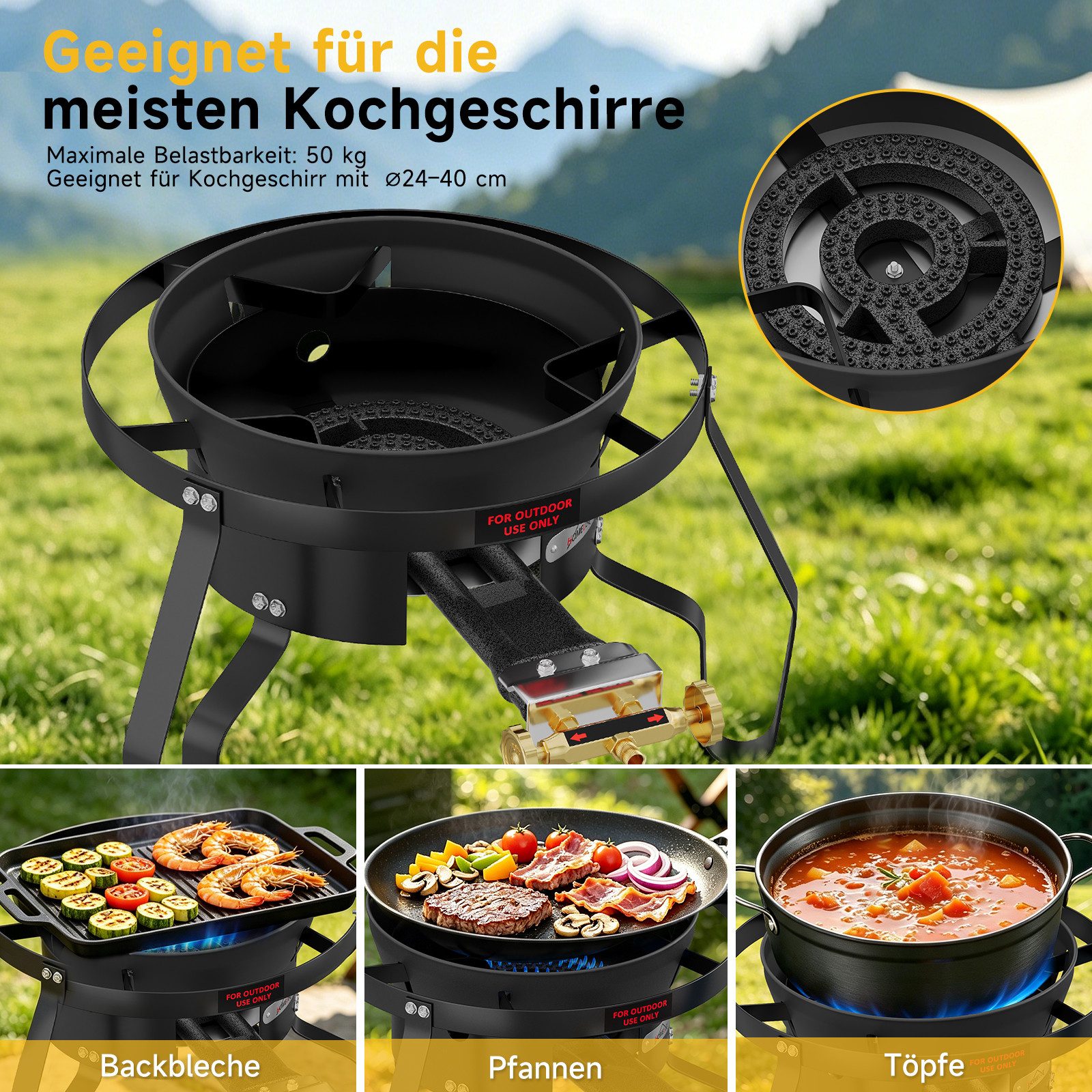 HOMELUX Gaskocher Gas-Hockerkocher 11,5 kW mit Piezozündung, (3-St., mit Schlauch 150 cm und 700 mbar Gas Regler Druckminderer), 3 Bein Profi Gasbrenner Gusseis – Bild 5 von 5
