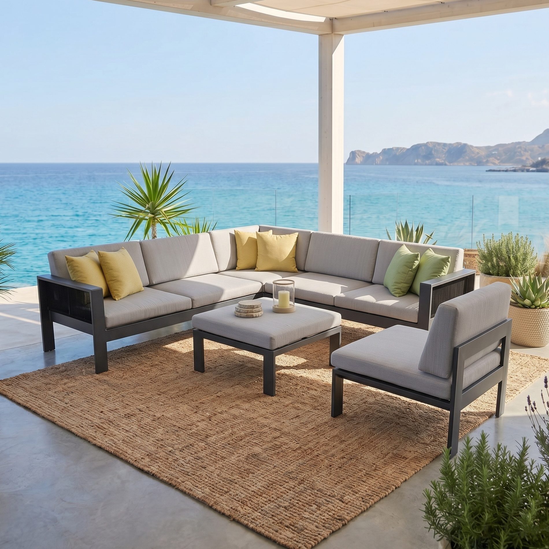 Jati & Kebon Gartenlounge-Set Miray, Ecklounge-Set, Garten-Set, (2-Sitzer Seitenteil rechts & links, Eckteil, Mittelteil, Loungehocker, 5-tlg), für 5 Personen, Rope-Bespannung, inkl. Olefin-Polsterauflagen