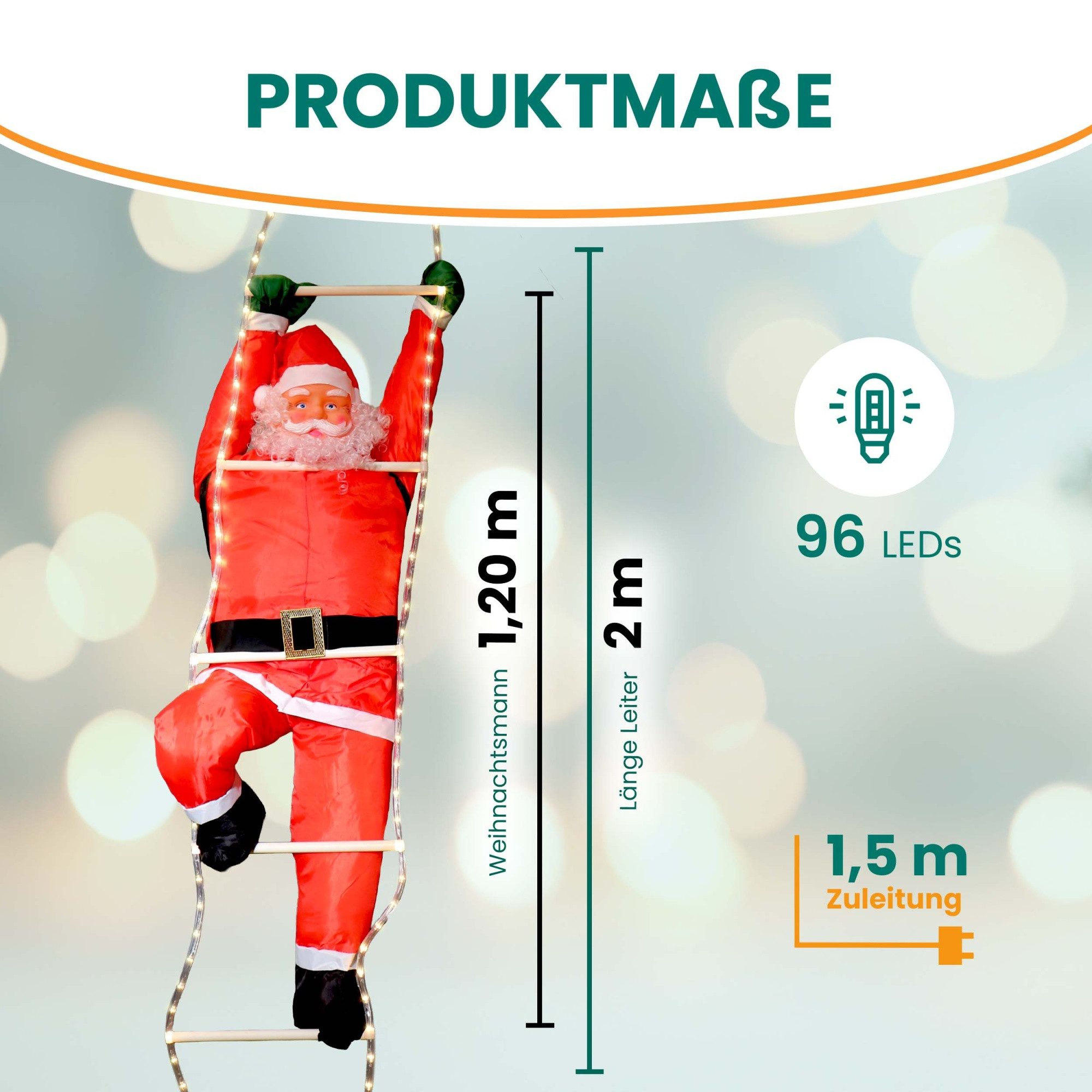 Gartenpirat Lichterkette Weihnachtsmann 120/200 cm auf Leiter mit LED beleuchtet für außen