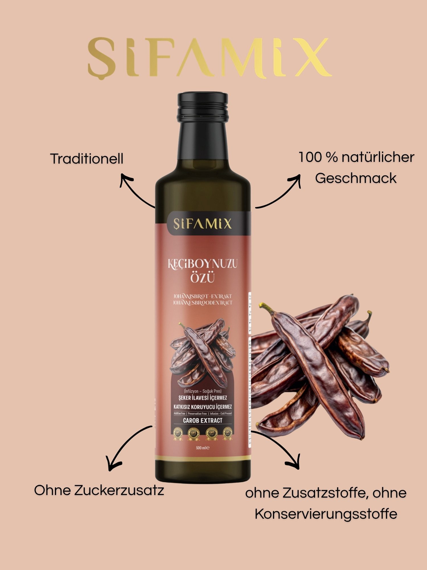 ADELSHOP Sirup SiFAMiX Johannisbrot Extrakt 500ml – Pur, Ohne Zucker & Kaltgepresst, Kaltgepresst, Ohne Zuckerzusatz, 100% Natürlicher Extrakt