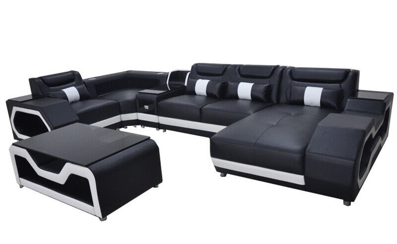 JVmoebel 2 Leder Schwarz Ecksofa Tisch+USB+LED, Sofa Teile Garnitur Wohnlandschaft Couch Moderne Eck