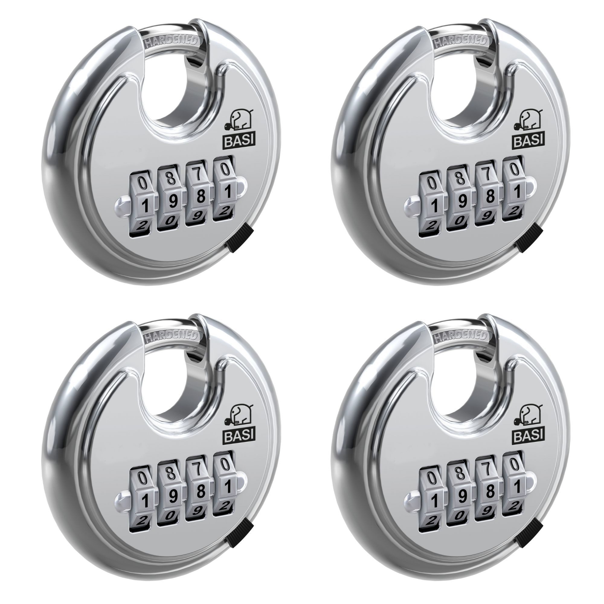 BASI Vorhängeschloss Rundbügelschloss, (Packung, 4-tlg), mit Zahlenschloss 4-stellig, Korpus aus Edelstahl, Ø 70 mm, 4 Stück