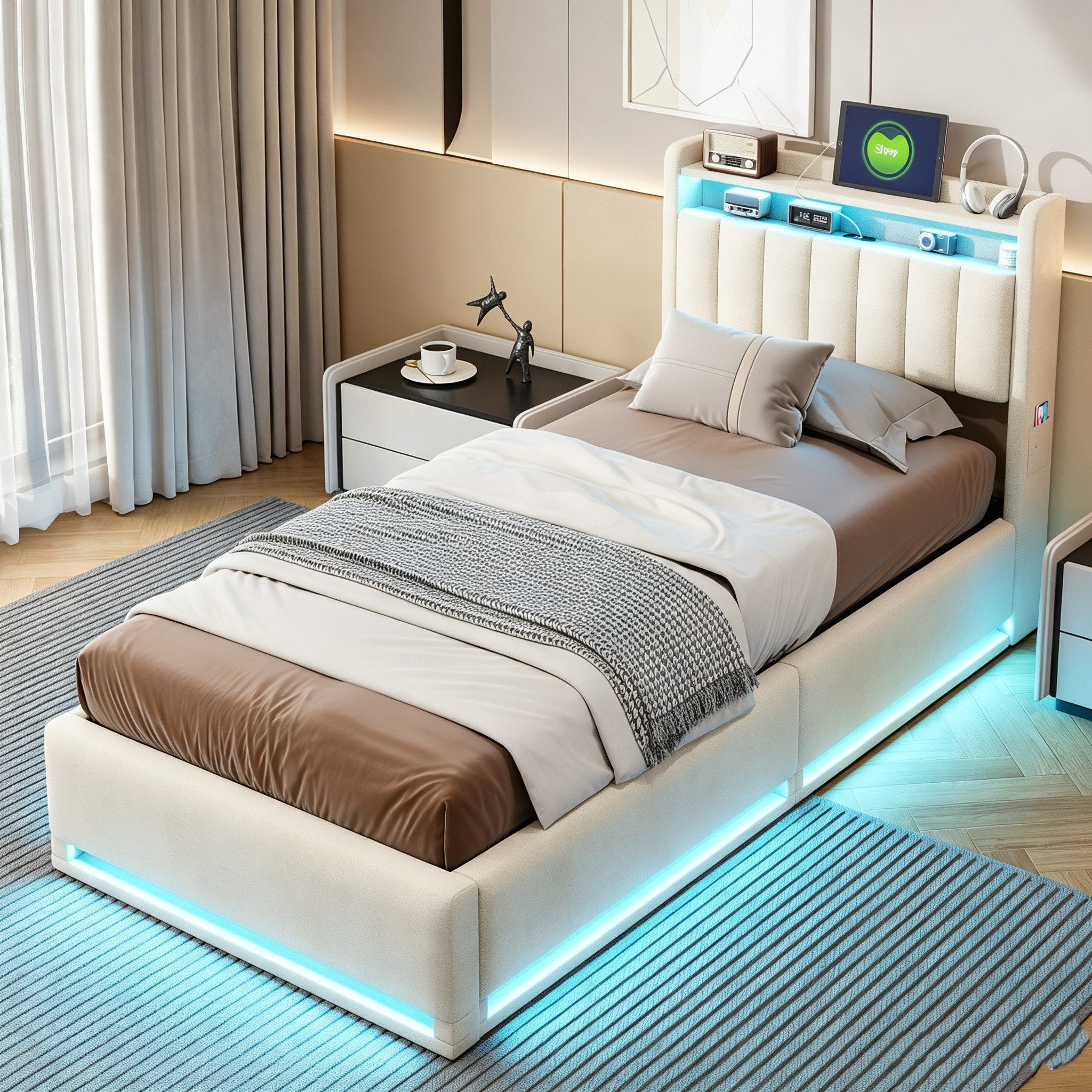 Simurq Polsterbett Samtbett mit Bettkasten 90x200, Einzelbett, Jugendbett, Luxuriöses Samtbett mit Stauraum, Mit Lattenrost, USB Port & LED – Bild 5 von 5