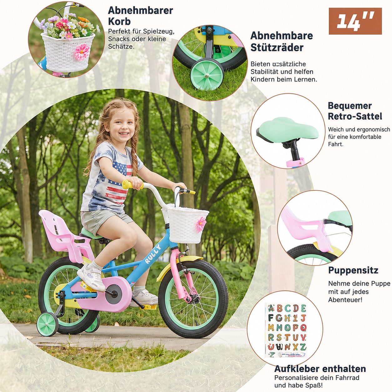 RULLY Kinderfahrrad Kinderfahrrad für Mädchen 12/14/16 Zoll, 2–7 Jahre, 1 Gang, Mit Korb, Puppensitz, Stützrädern, Schutzblech & Klingel