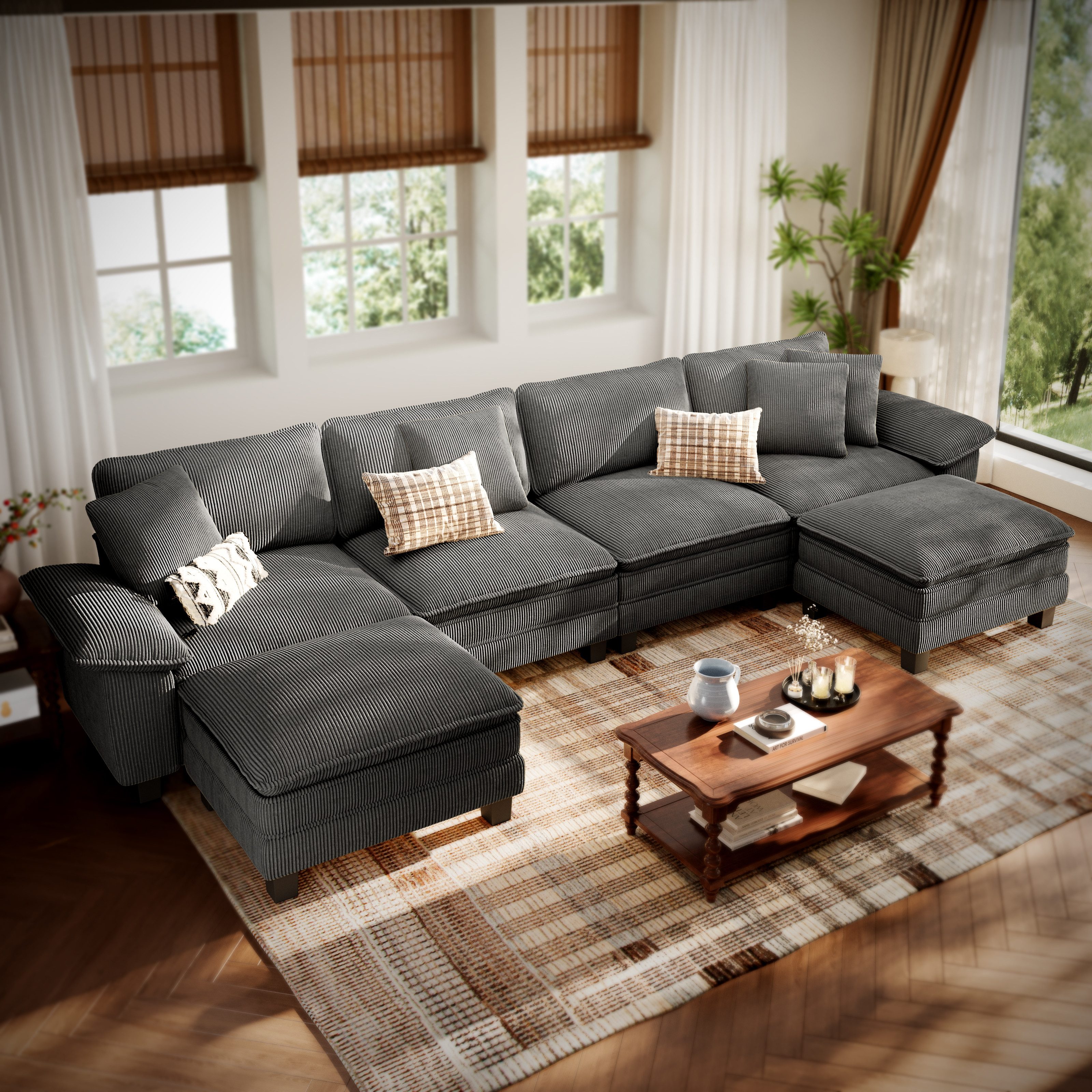PHI VILLA Ecksofa L-Form Couch, 4-6-Sitzer-Sofa, Modulare Sofas inklusive Zierkissen und Ottomane für das Wohnzimmer
