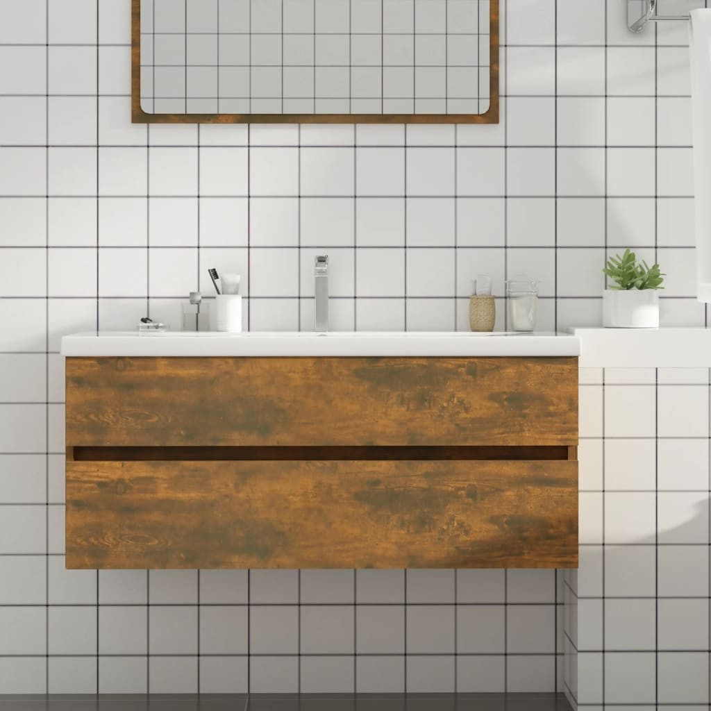 furnicato Waschbeckenunterschrank 100x38,5x45 cm in Räuchereiche, Holzwerkstoff Feuchtigkeitsbeständiger Badschrank mit Schublade zur Wandmontage