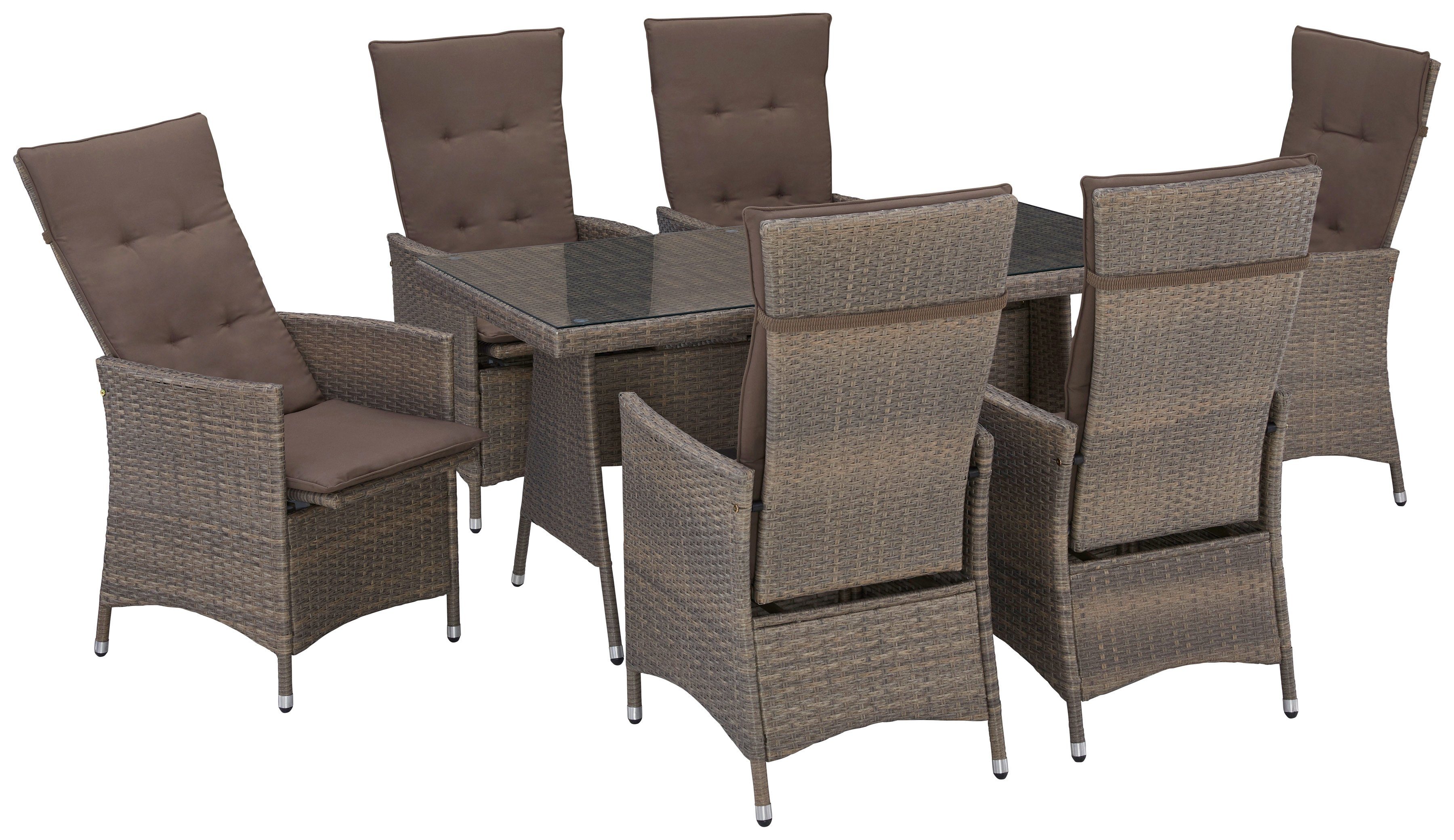 MERXX Garten-Essgruppe Valencia, TOPSELLER!, (6x verstellbare Relaxsessel, 1x Tisch 150x80 cm, inkl. Auflagen), Aluminium, Polyrattan, geeignet für 6 Personen