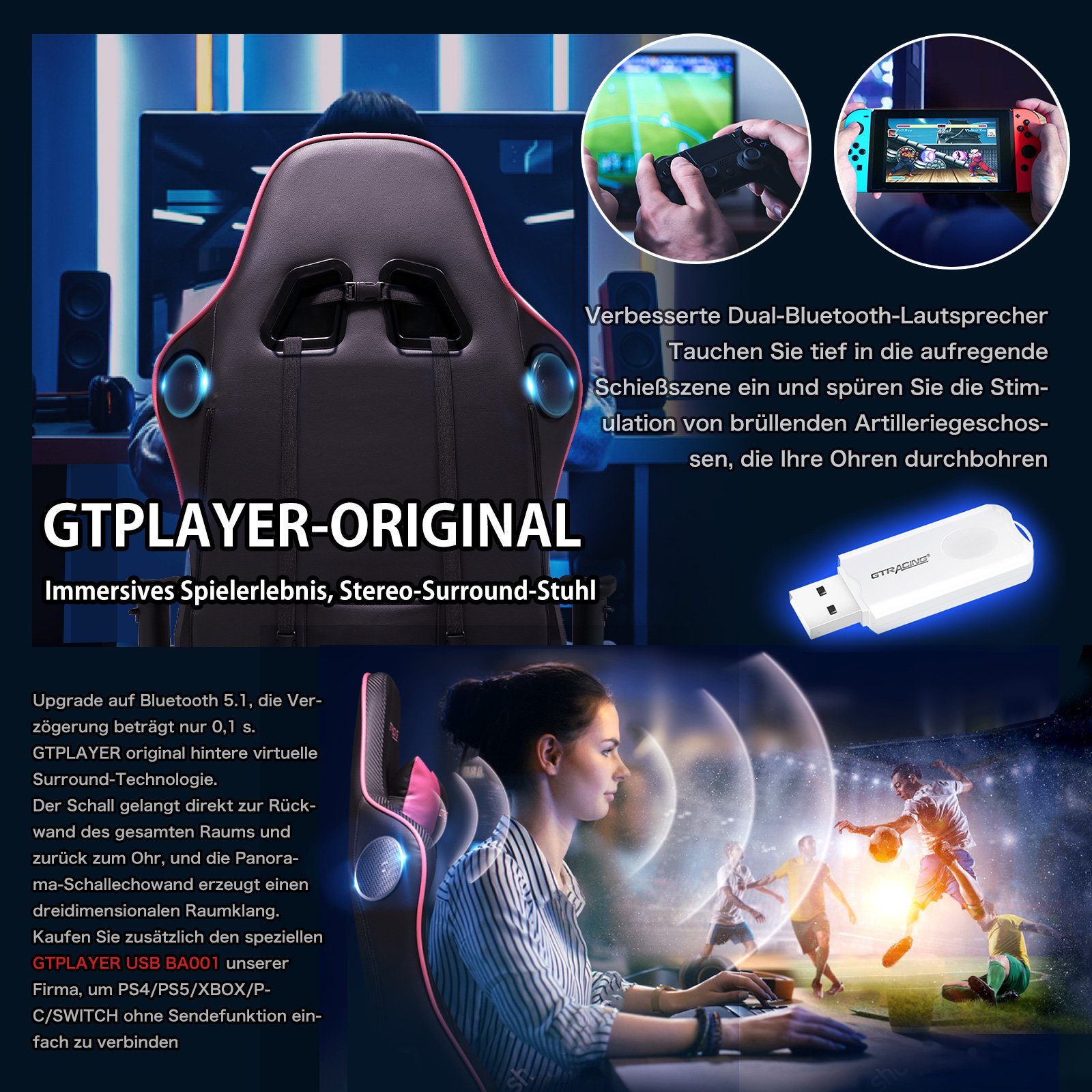 GTPLAYER Gaming-Stuhl Gamer Stuhl mit Bluetooth-Lautsprechern günstig online kaufen