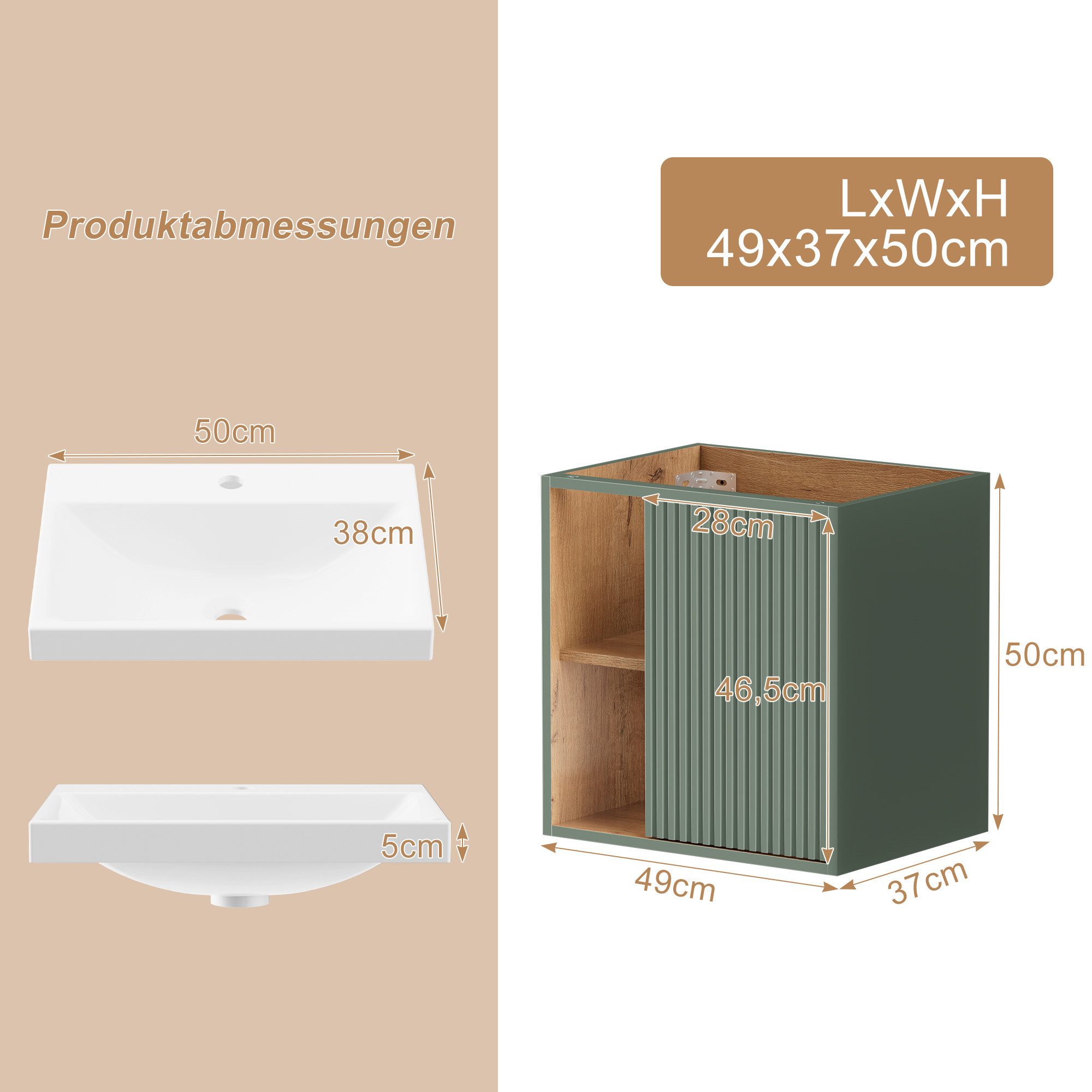 UEV Waschtisch klein Waschbecken mit Unterschrank set Badmöbel Gäste-WC hängend 50cm (Waschplatz ausreichend Stauraum,Badmöbel Set für Badezimmer, Unterschrank  – Bild 5 von 5