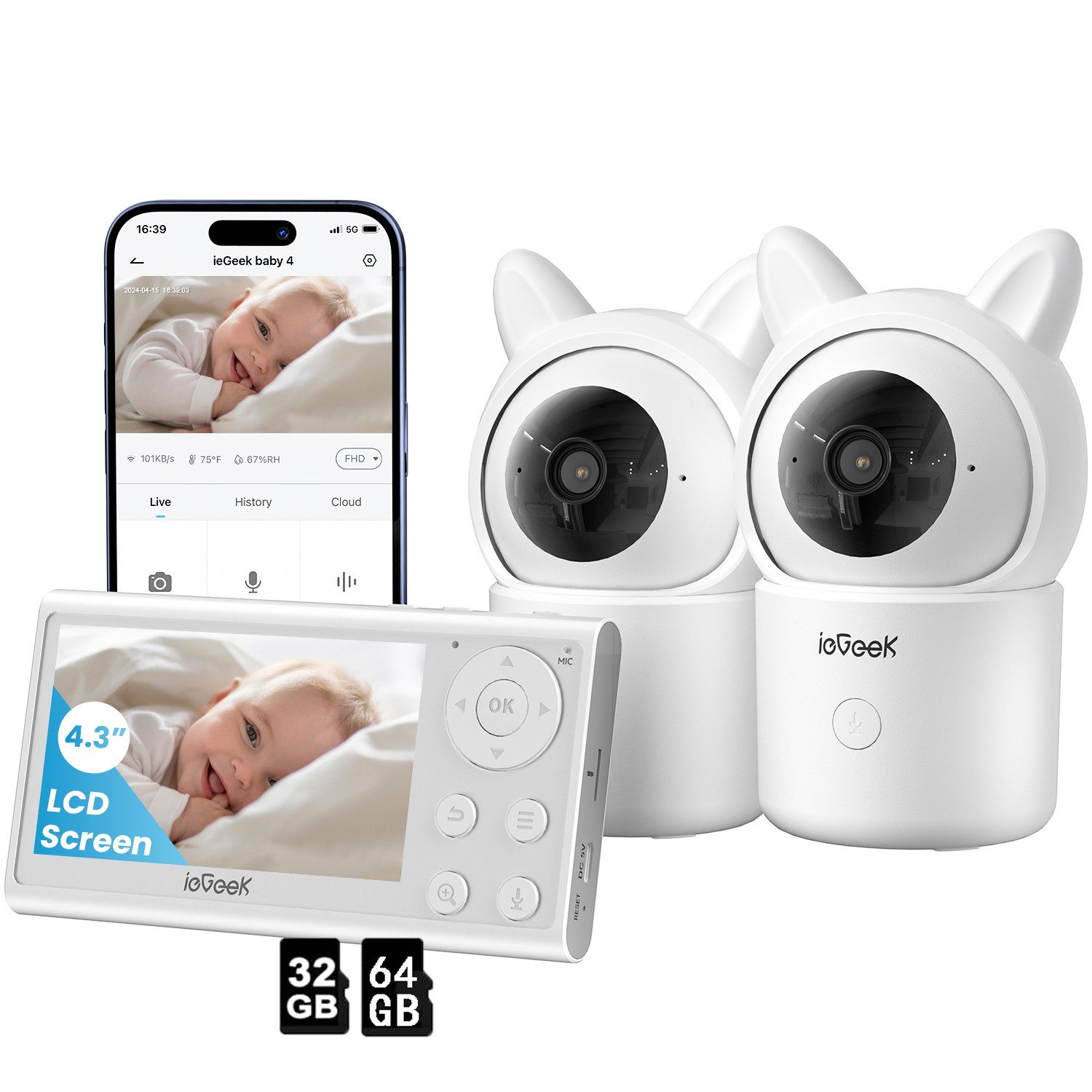 Video-Babyphone 4,3 Zoll WLAN Babyphone mit 2 Kameras 1080P Kamera mit 32&64G TF Karte