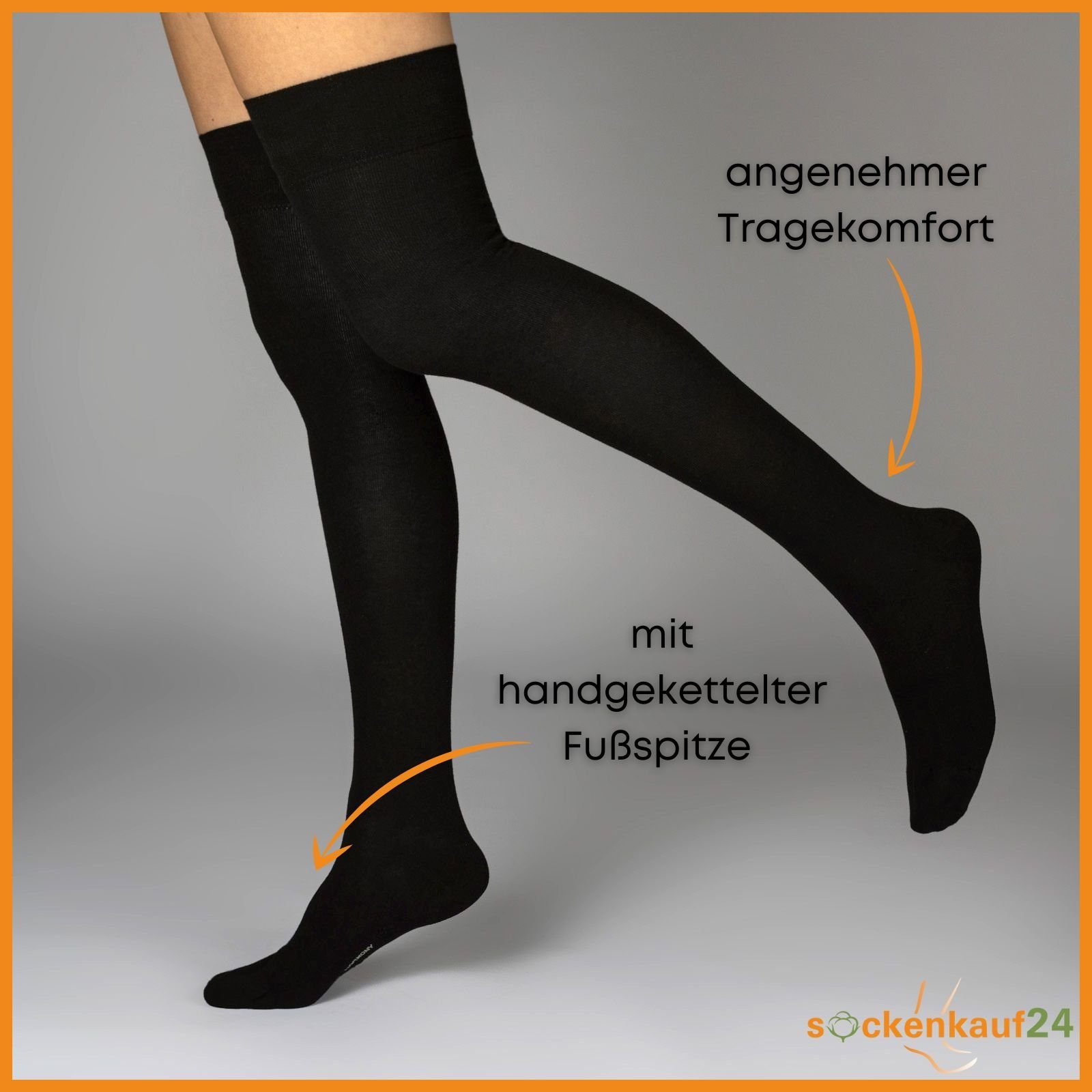 sockenkauf24 Overknees 2 Paar Overknee Strümpfe Damen Kniestrümpfe (Schwarz, 35-38) Schwarz Bunt Ringel Baumwolle - 10723 WP