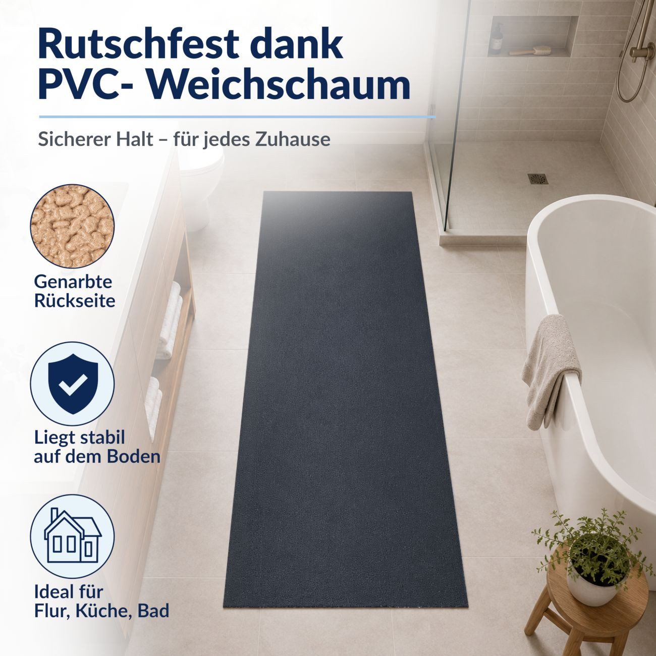 ANRO Badematte AquaComfort Meterware Mikrofaser Schlingen-Badläufer 60/90 cm Breite, Höhe 3 mm, rutschhemmender Rücken, Fußbodenheizung geeignet, zuschneidbar,  – Bild 4 von 5