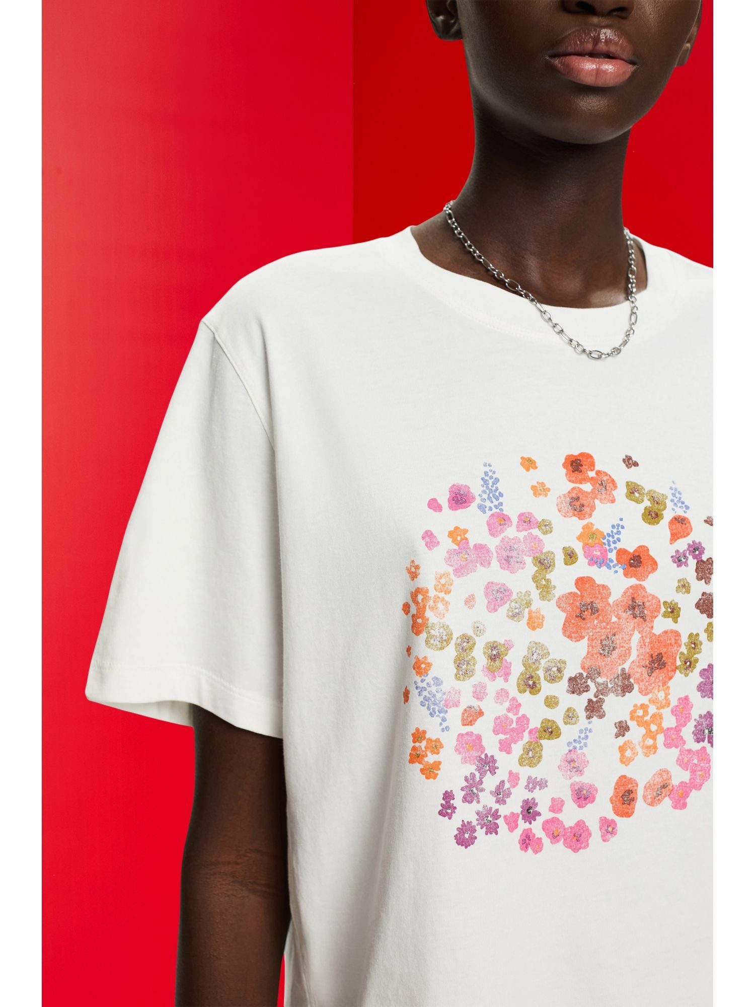 T-Shirt (1-tlg) T-Shirt mit WHITE Blumen-Print Esprit OFF