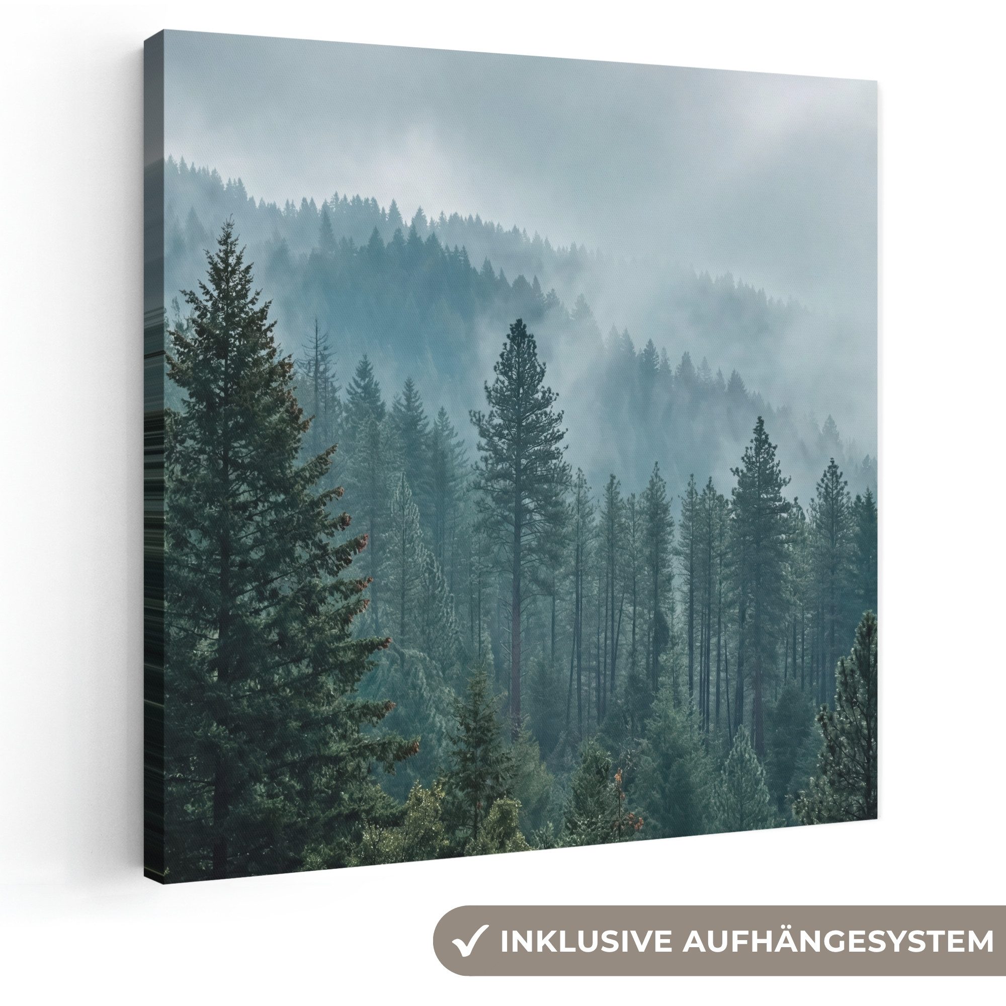 OneMillionCanvasses® Leinwandbild Nadelwald – Berge – Nebel, Fotodruck (1 St), Wandbild, Deko Schlafzimmer Wohnzimmer Flur 20x20 cm