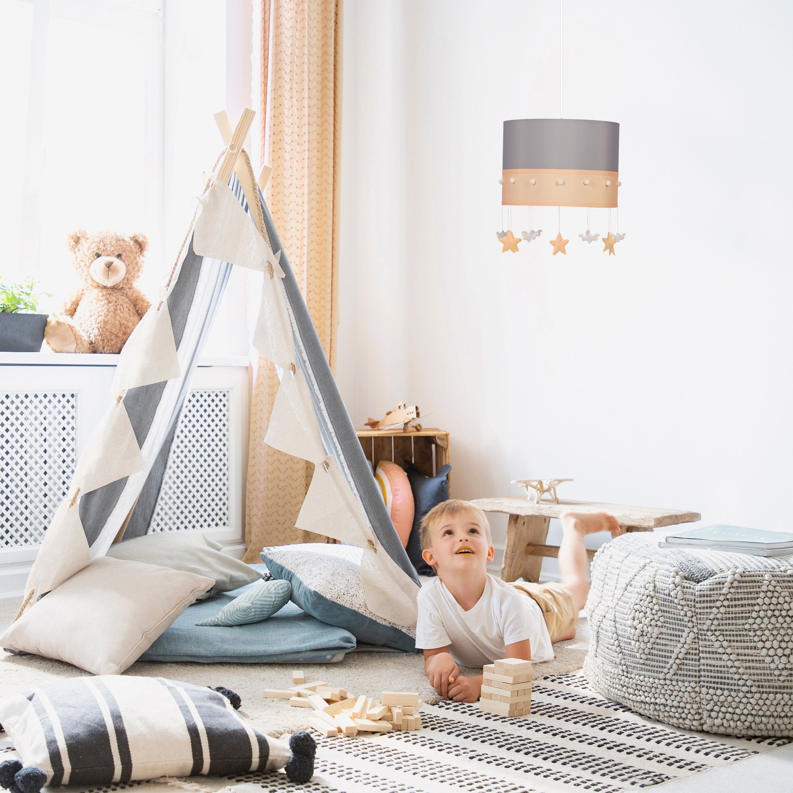 relaxdays Kinderzimmer Hellblau Himmel, Hellblau Weiß Hängelampe Hängeleuchte Grau