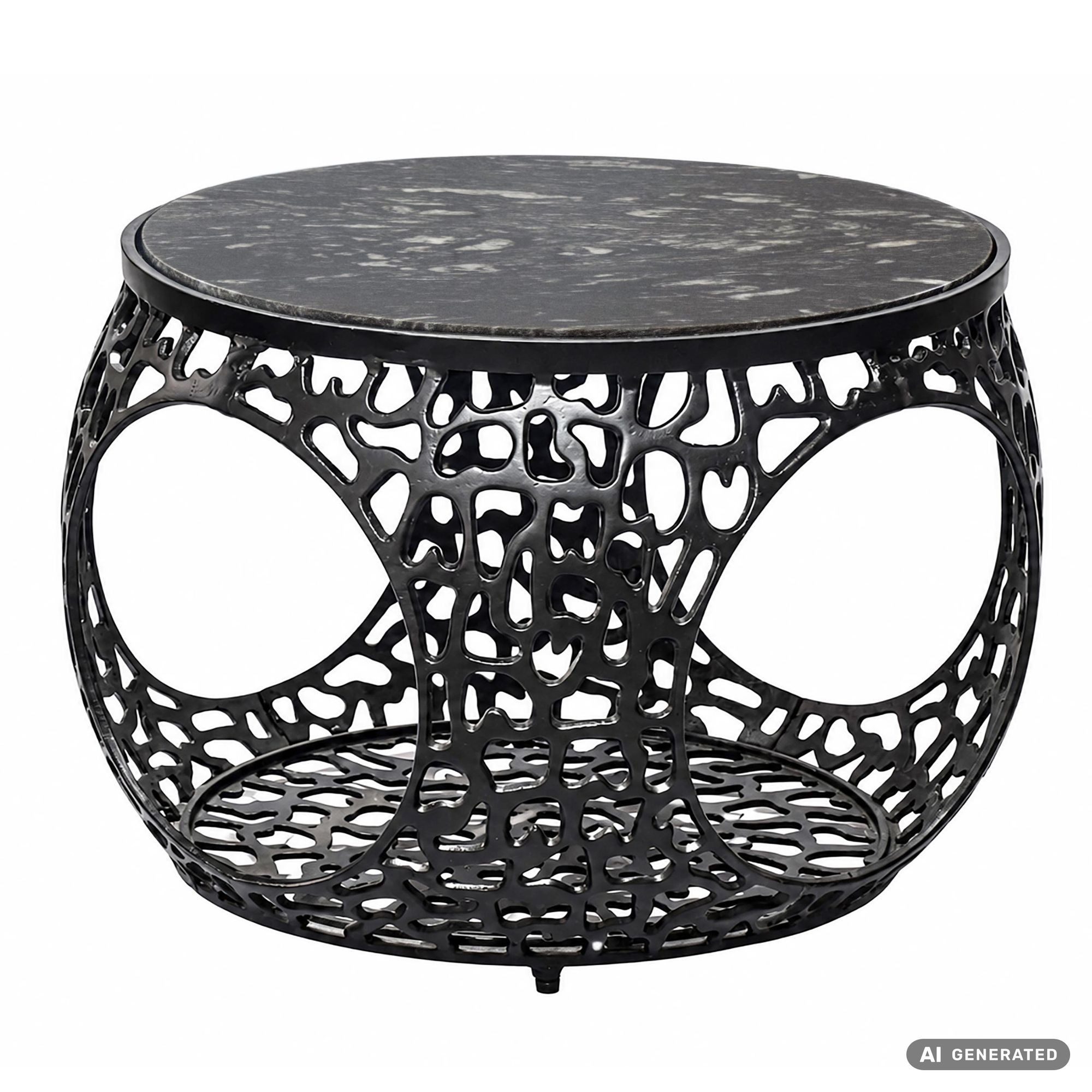 Wohnling Couchtisch WL7.350 Sofatisch Marmor Wohnzimmertisch 60cm rund Tisch Stauraum (Edles Möbelstück mit massiver Gesteinsplatte), Bauchiges Metallgestell als Blickfang